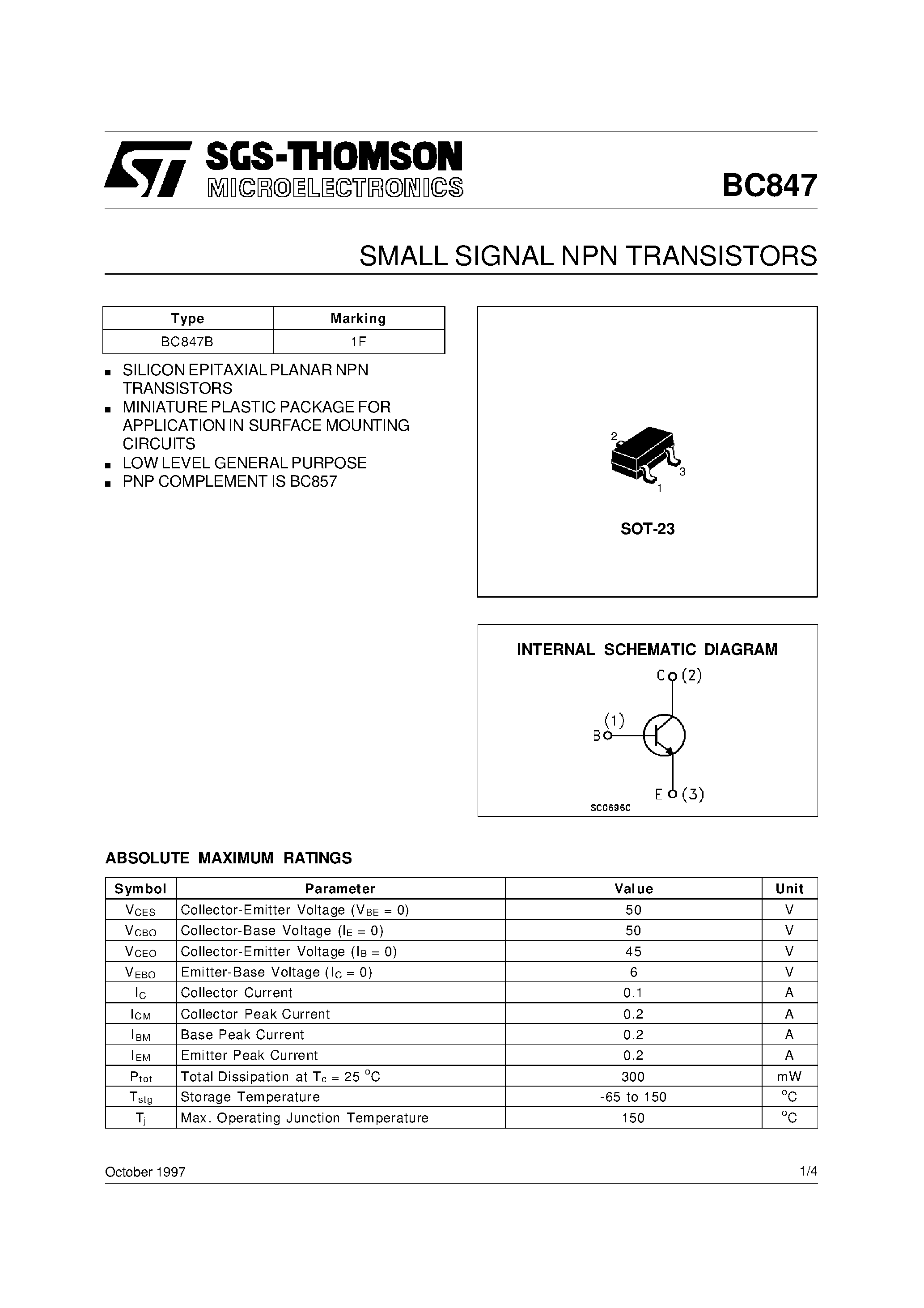 Даташит BC847 - SMALL SIGNAL NPN TRANSISTORS страница 1