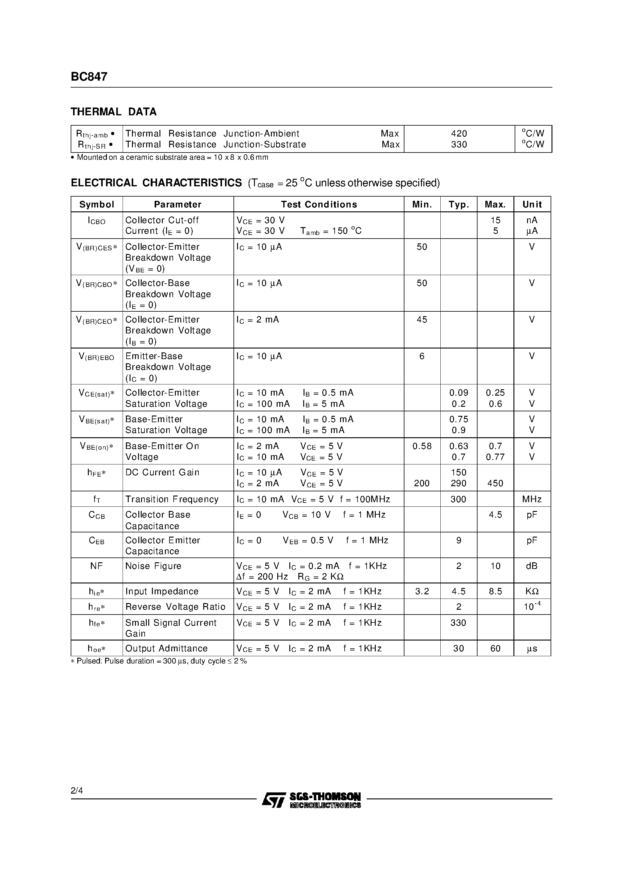 Даташит BC847 - SMALL SIGNAL NPN TRANSISTORS страница 2