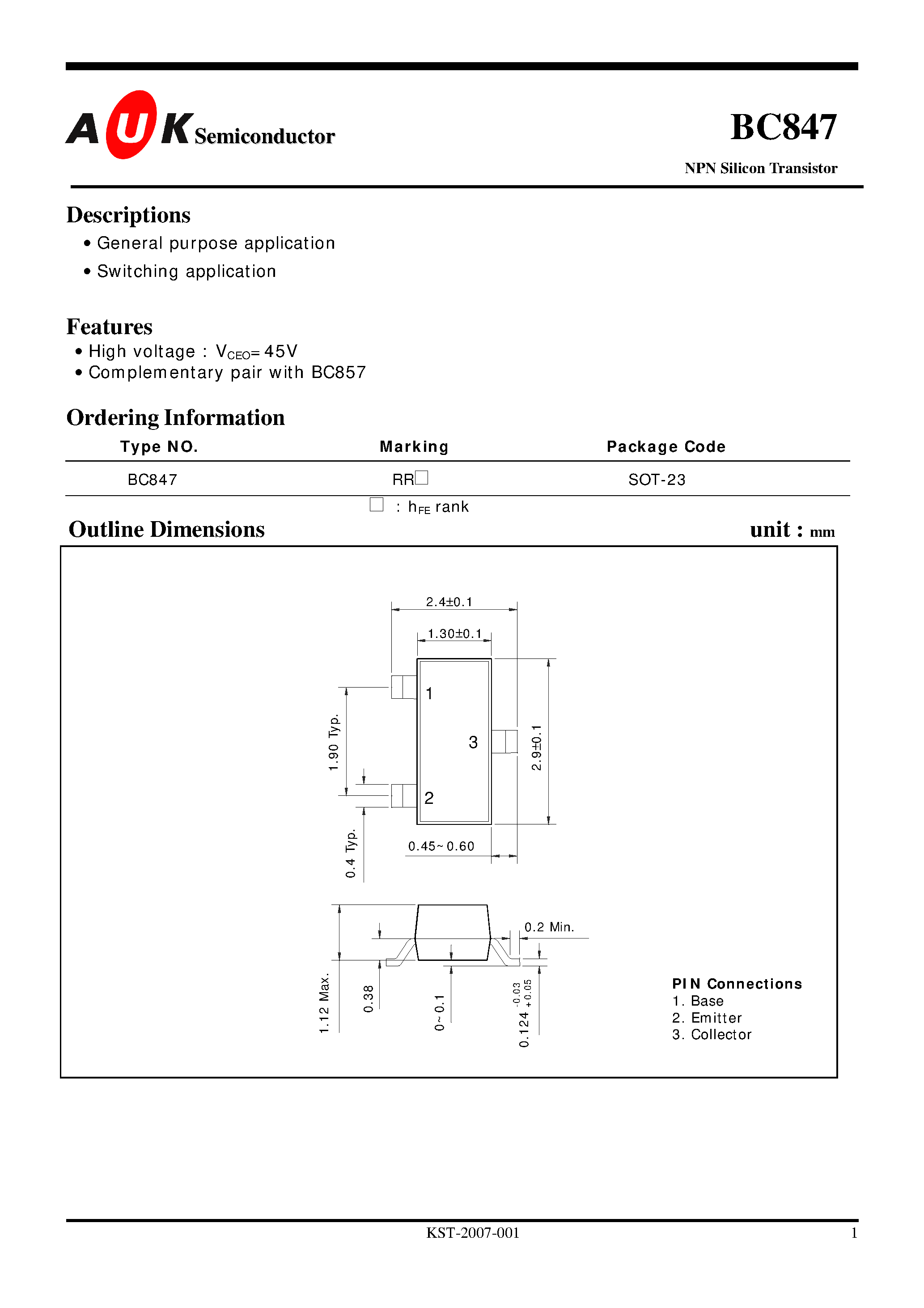Даташит на микросхему BC847 страница 1 Даташит BC847 - NPN Silicon Transistor (General purpose application Switching application) страница 1
