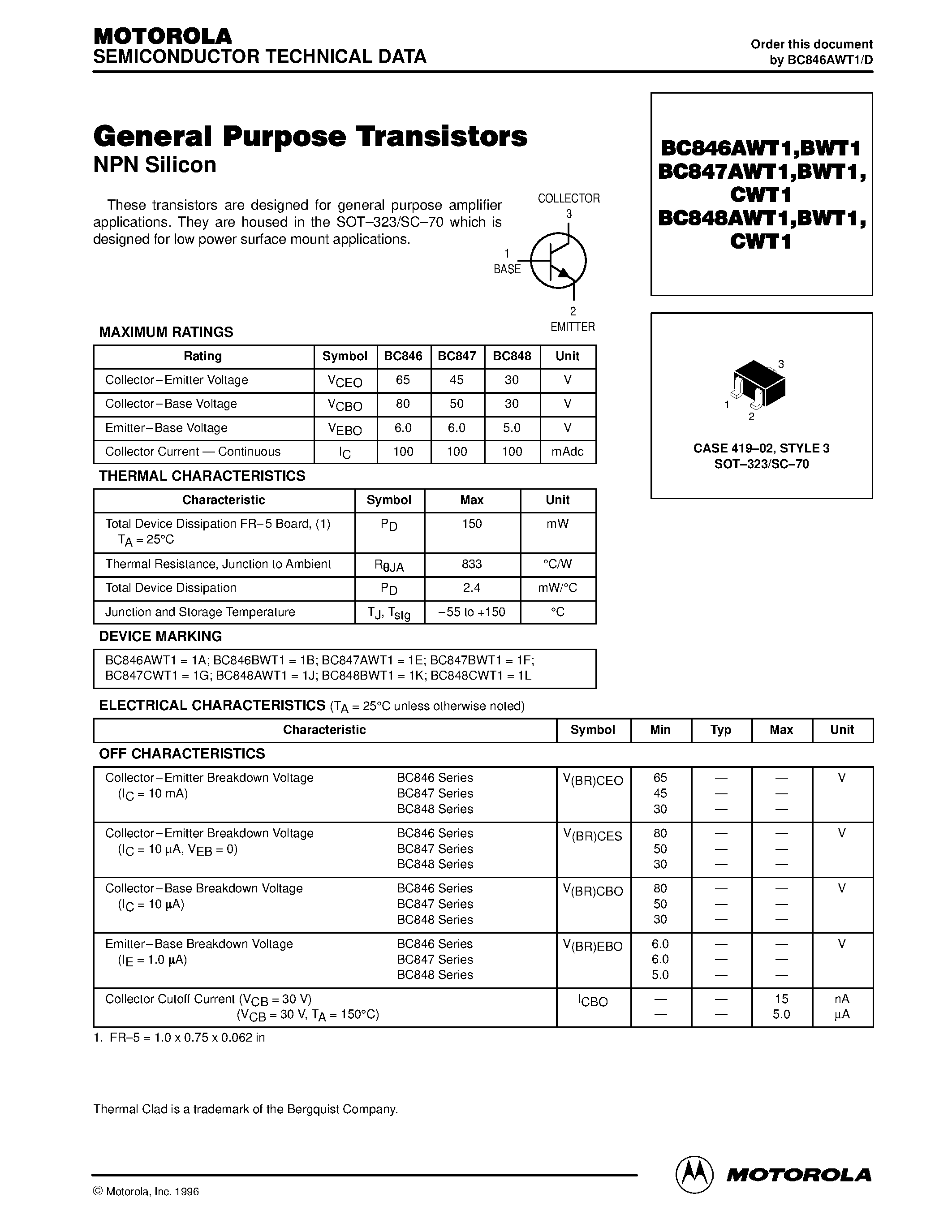 Даташит BC847AWT1 - General Purpose Transistors(NPN Silicon) страница 1
