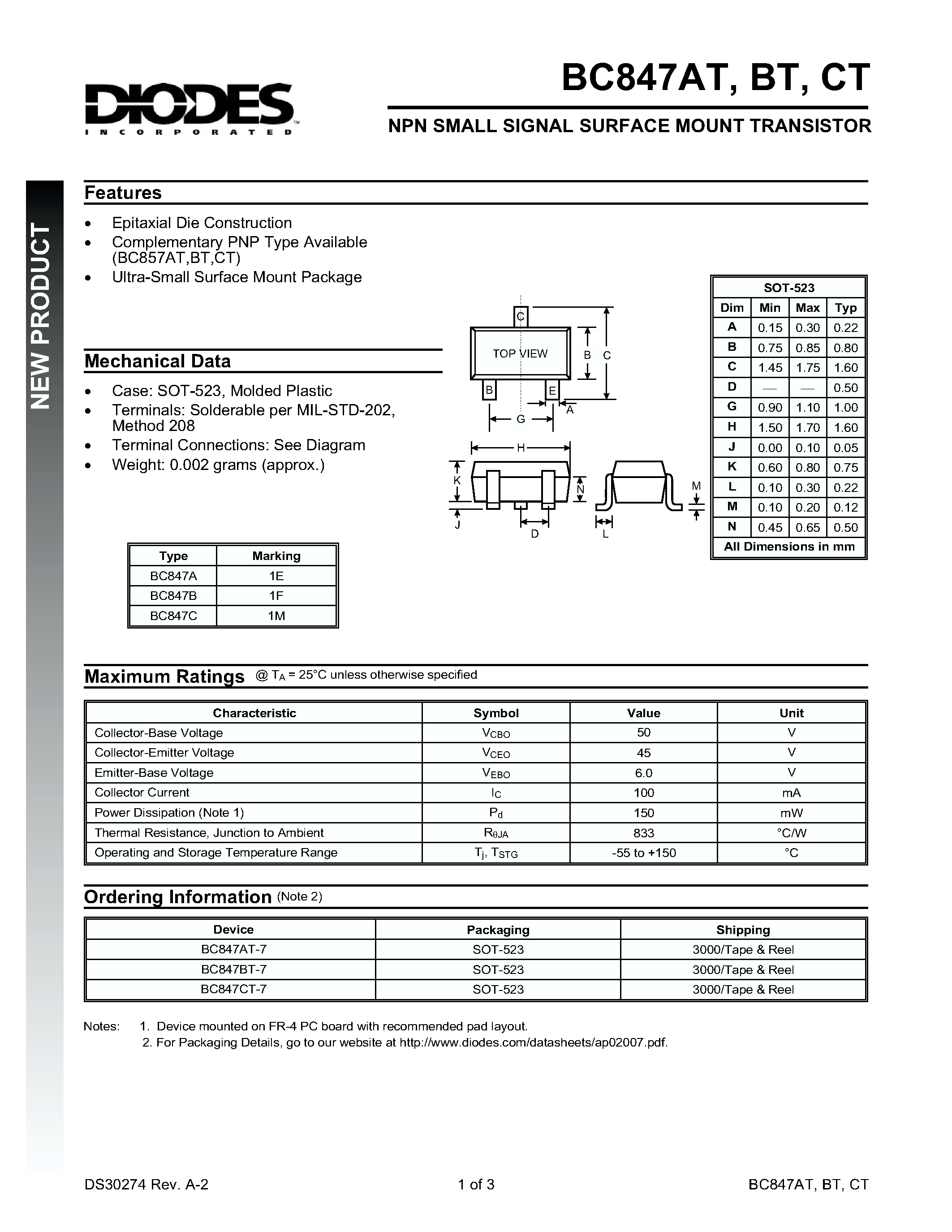 Datasheet BC847B-7 - NPN SMALL SIGNAL SURFACE MOUNT TRANSISTOR page 1