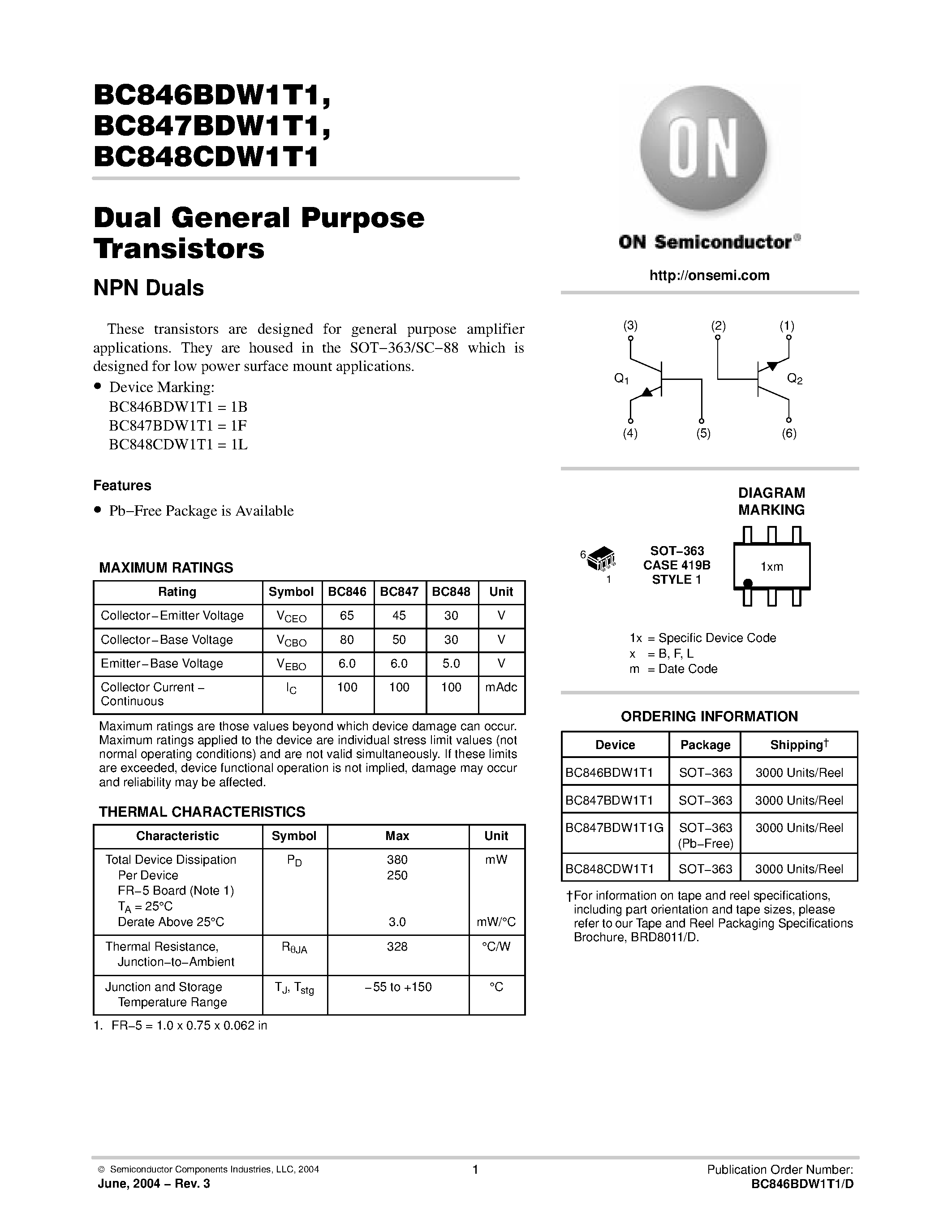 Даташит BC847BDW1T1G - Dual General Purpose Transistors страница 1