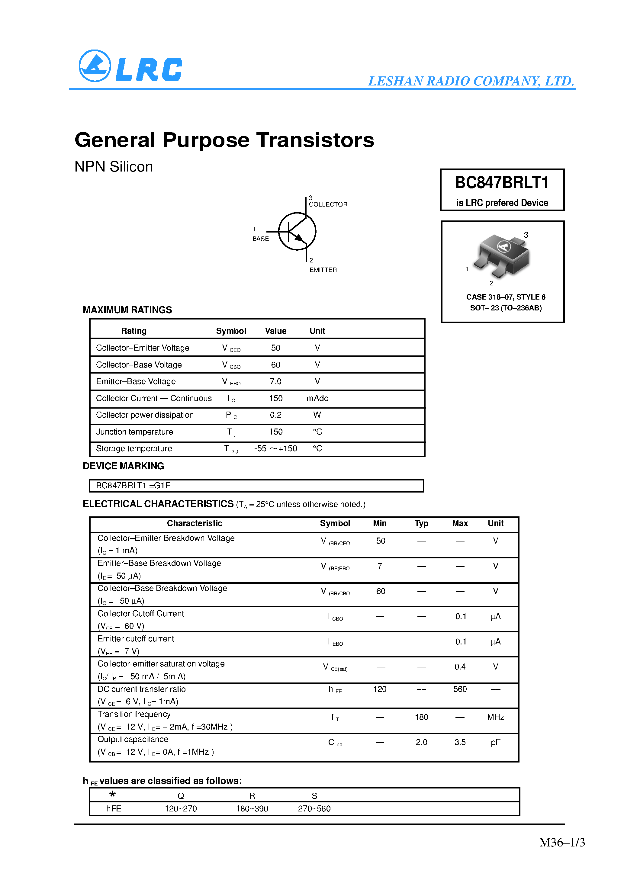 Даташит BC847BRLT1 - General Purpose Transistors(NPN Silicon) страница 1