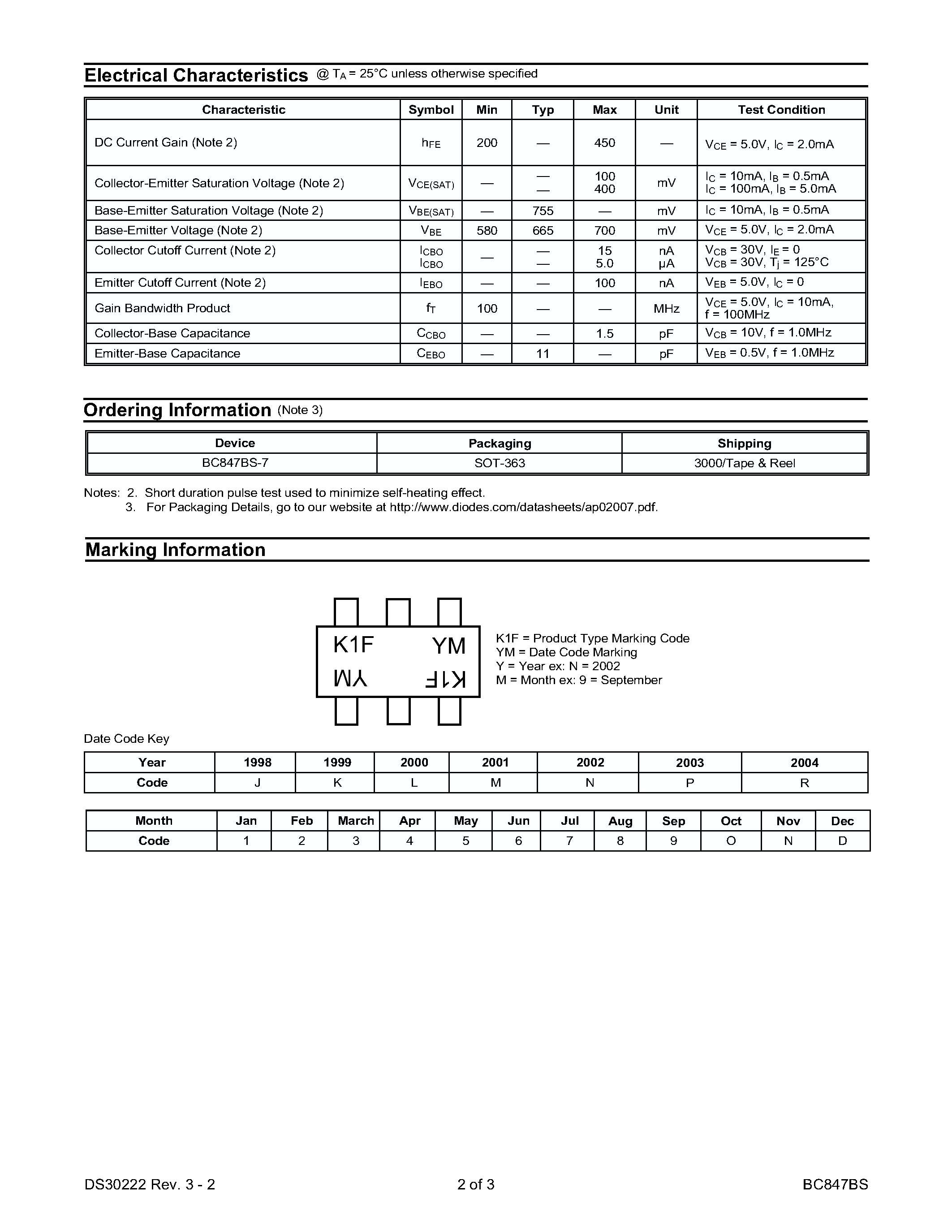 Datasheet BC847BS-7 page 2 Datasheet BC847BS-7 - DUAL NPN SURFACE MOUNT SMALL SIGNAL TRANSISTOR page 2