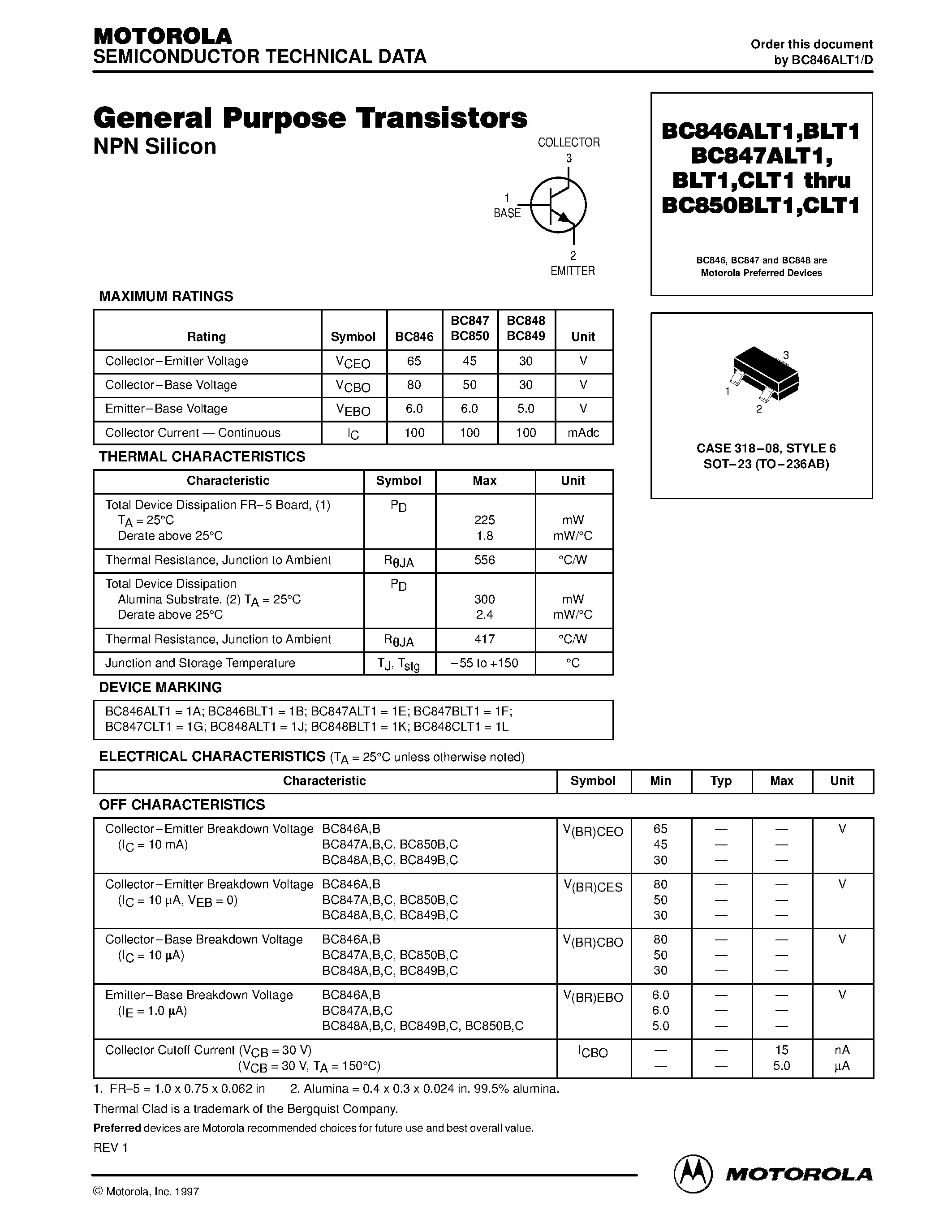 Даташит BC847CLT1 - General Purpose Transistors(NPN Silicon) страница 1