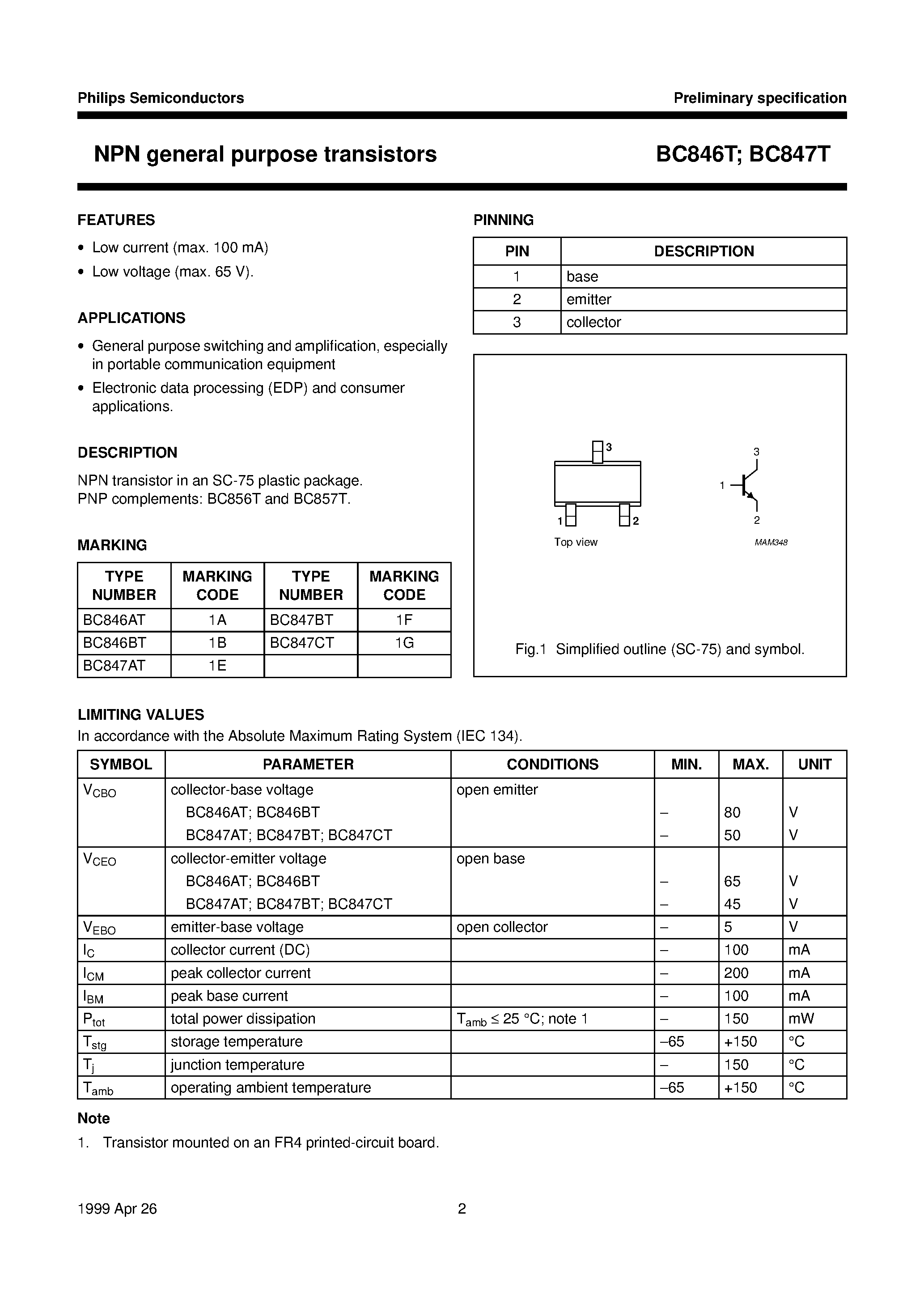 Даташит BC847CT - NPN general purpose transistors страница 2
