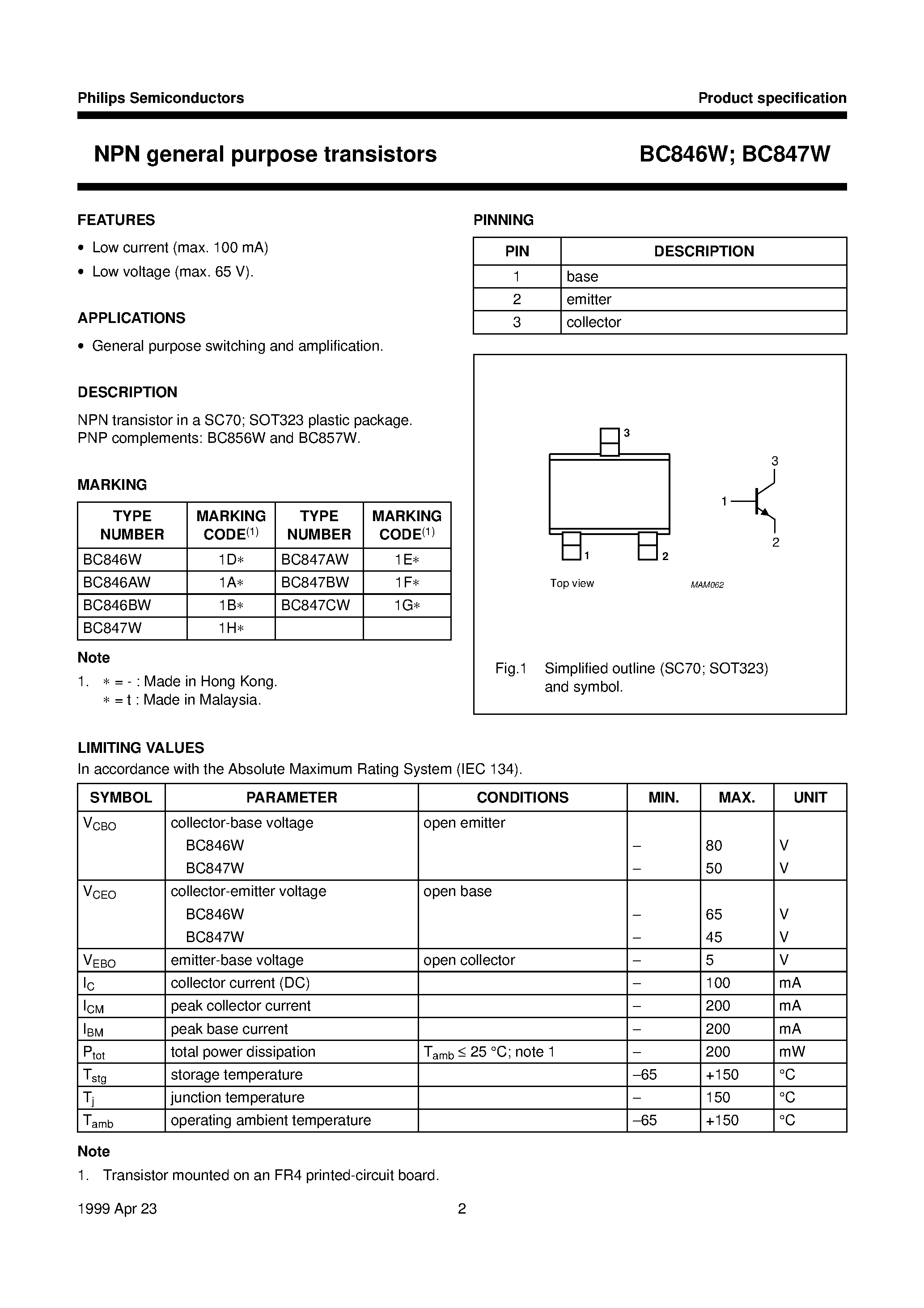 Даташит BC847CW - NPN general purpose transistors страница 2