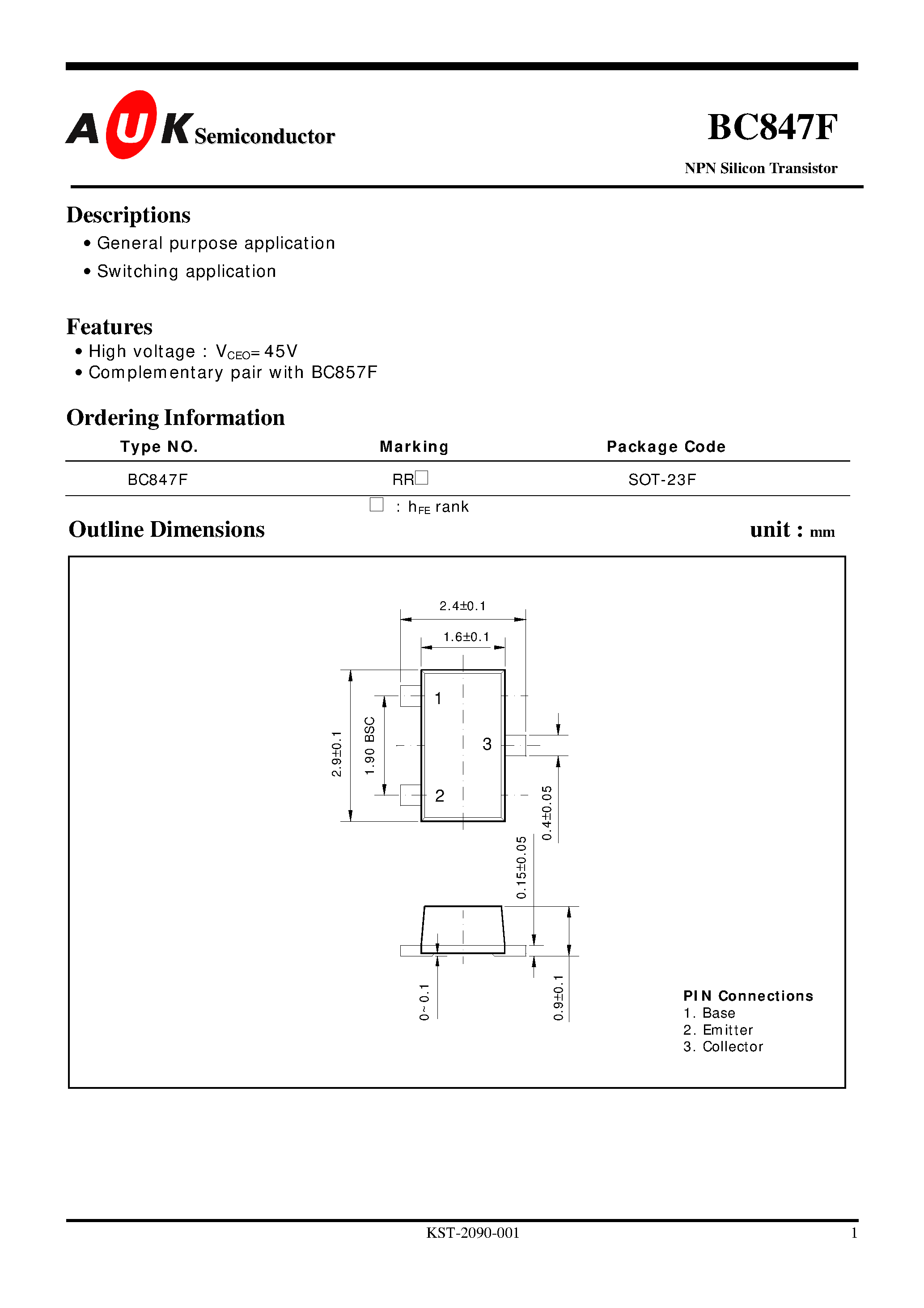 Даташит на микросхему BC847F страница 1 Даташит BC847F - NPN Silicon Transistor (General purpose application Switching application) страница 1