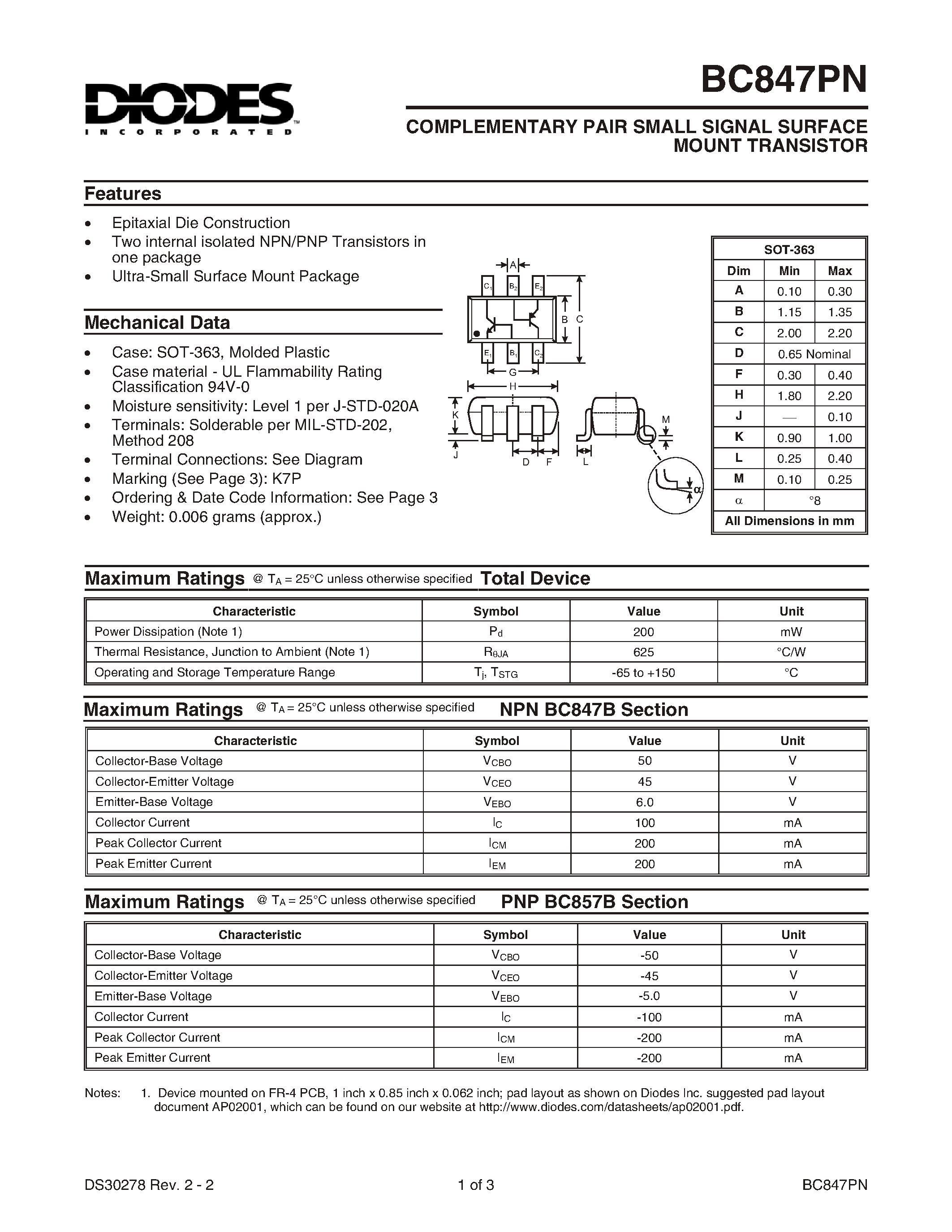Datasheet BC847PN-7 - COMPLEMENTARY PAIR SMALL SIGNAL SURFACE MOUNT TRANSISTOR page 1