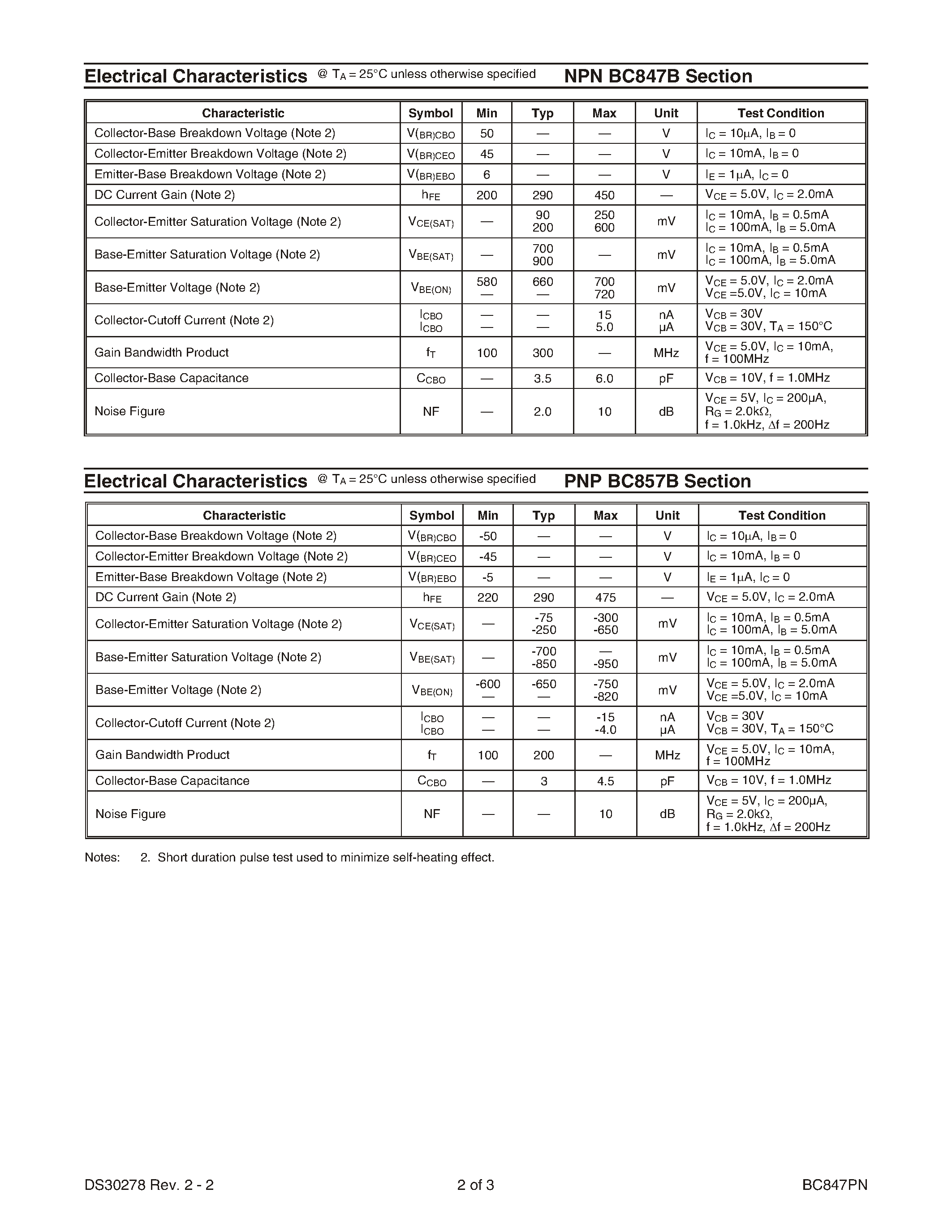Datasheet BC847PN-7 - COMPLEMENTARY PAIR SMALL SIGNAL SURFACE MOUNT TRANSISTOR page 2