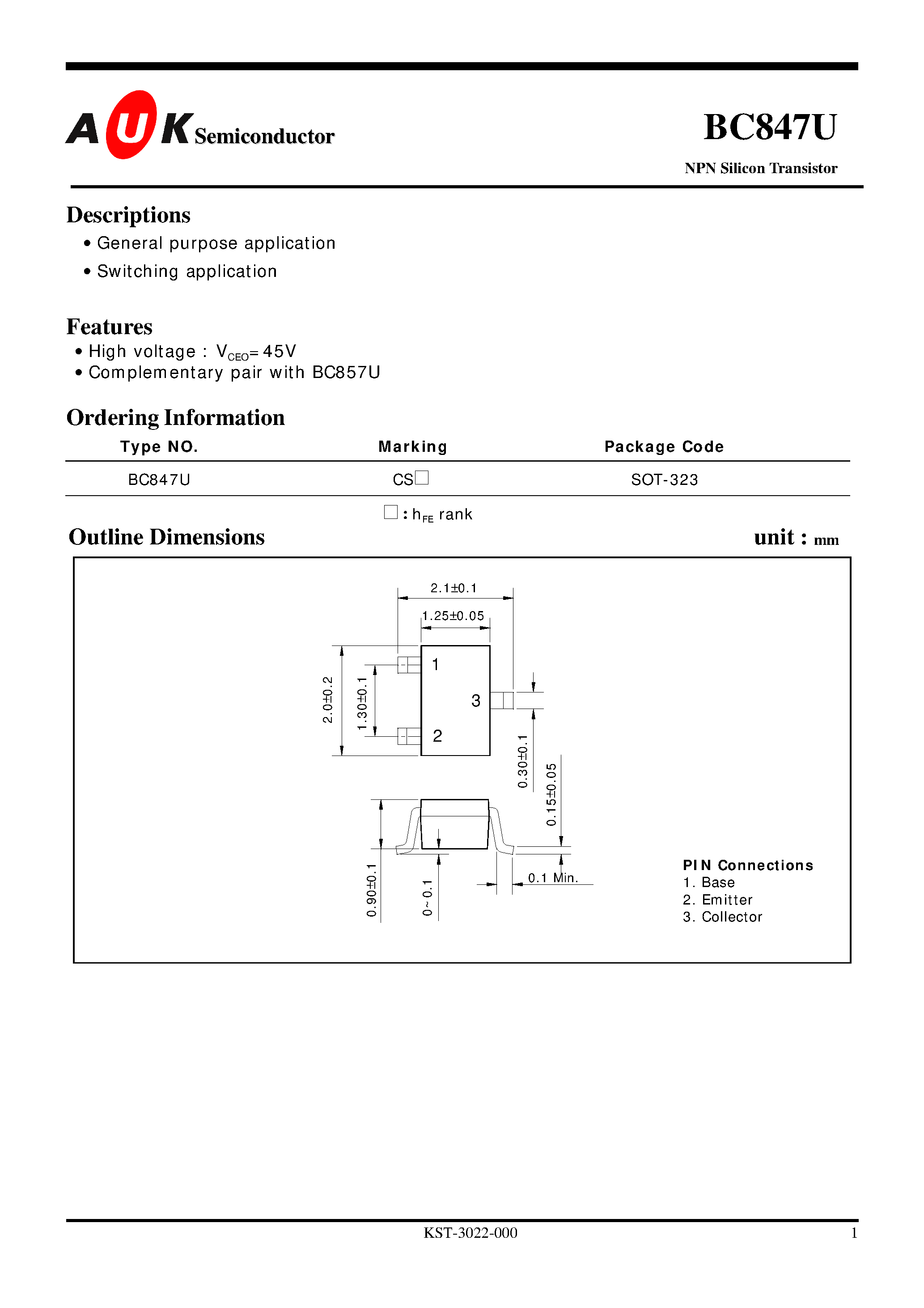 Даташит на микросхему BC847U страница 1 Даташит BC847U - NPN Silicon Transistor (General purpose application Switching application) страница 1