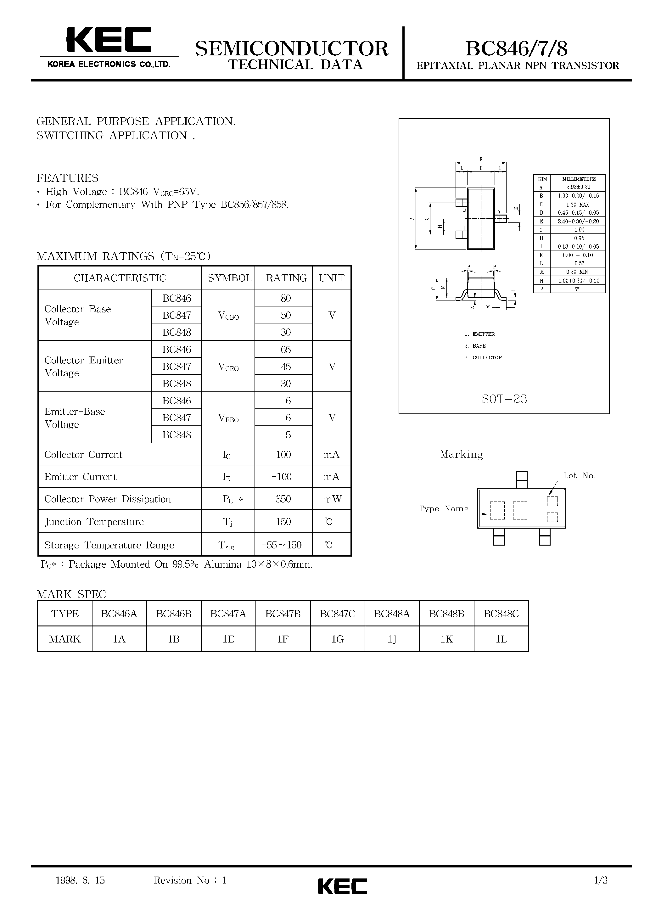 Даташит на микросхему BC848 страница 1 Даташит BC848 - EPITAXIAL PLANAR NPN TRANSISTOR (GENERAL PURPOSE/ SWITCHING) страница 1