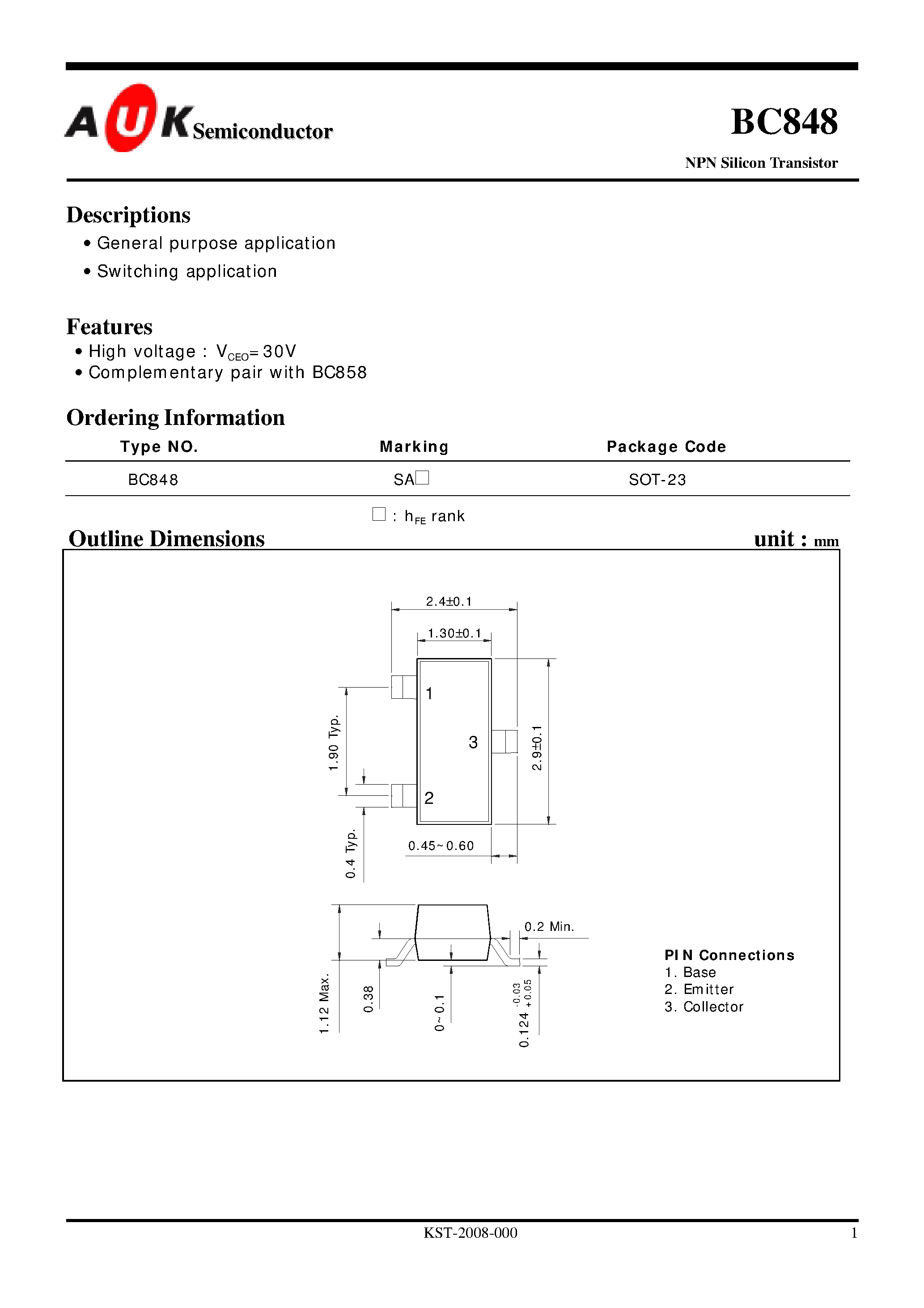 Даташит на микросхему BC848 страница 1 Даташит BC848 - NPN Silicon Transistor (General purpose application Switching application) страница 1
