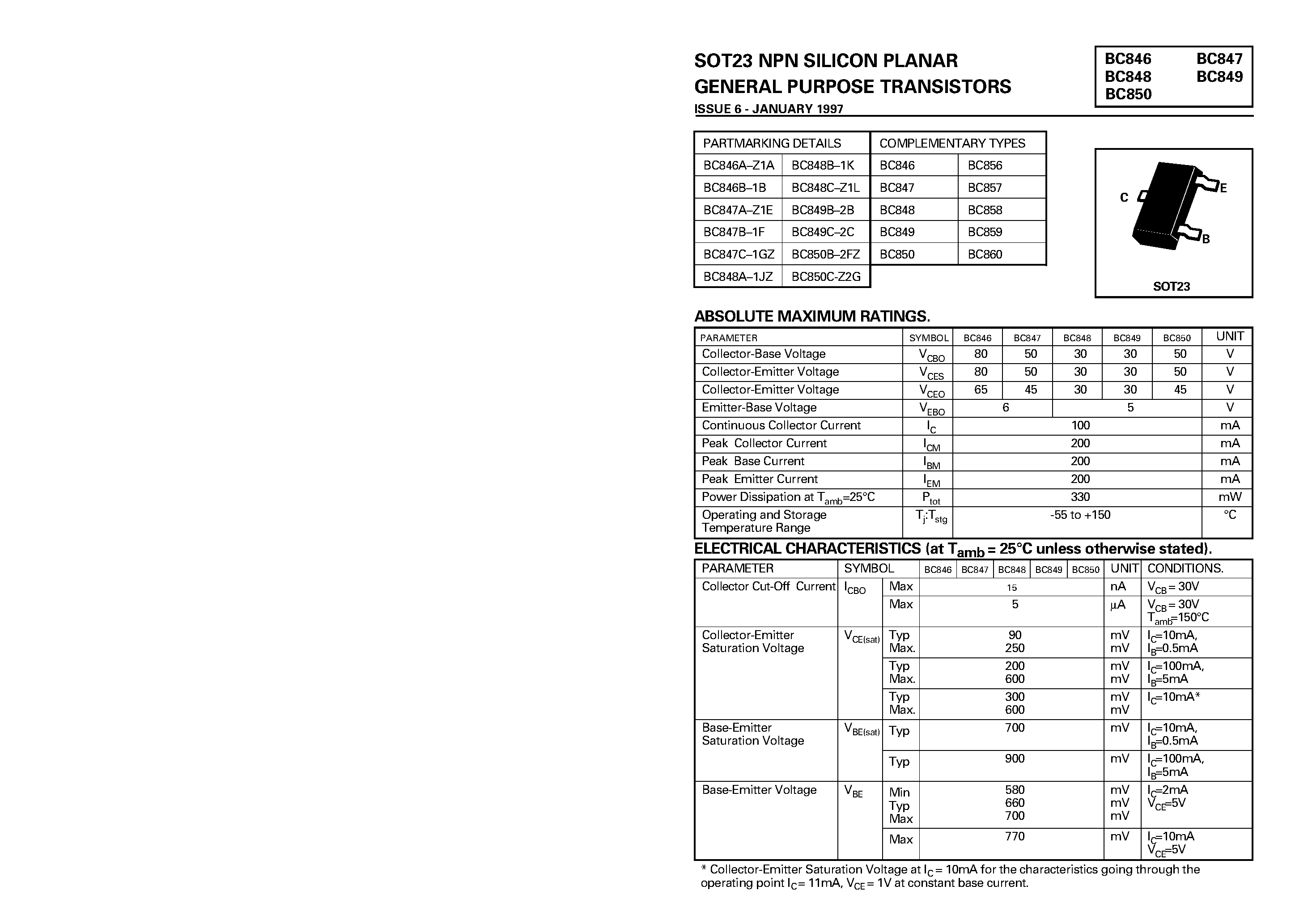 Даташит BC848 - SOT23 PNP SILICON PLANAR GENERAL PURPOSE TRANSISTORS страница 1