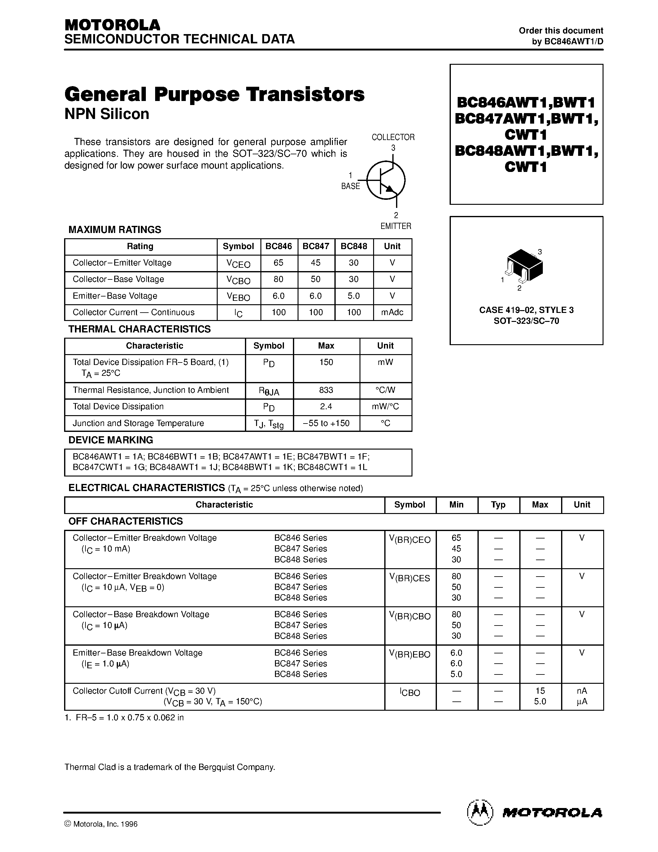 Datasheet BC848AWT1 - CASE 419-02/ STYLE 3 SOT-323/SC-70 page 1