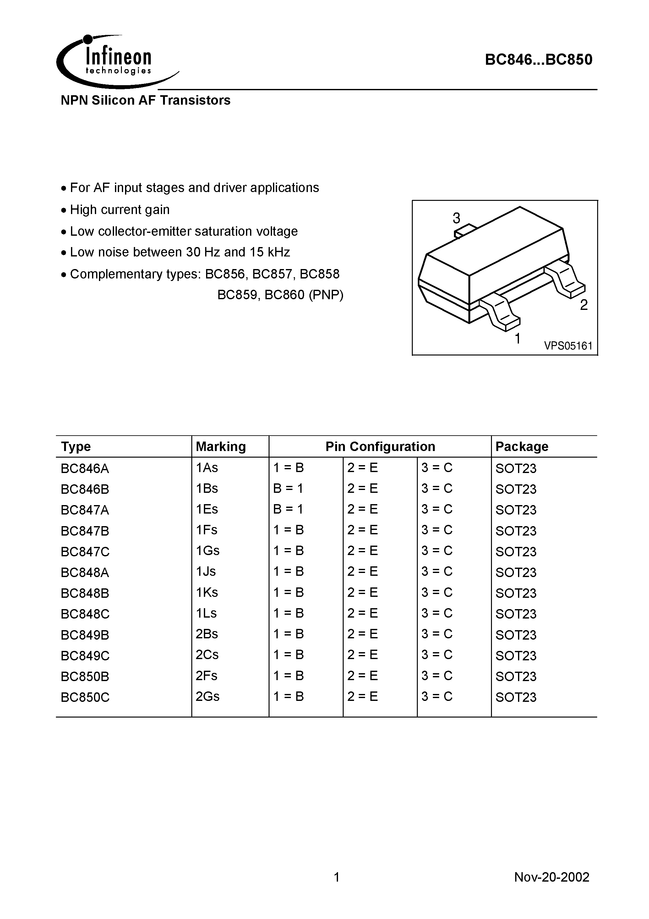 Даташит BC848B - NPN Silicon AF Transistors страница 1