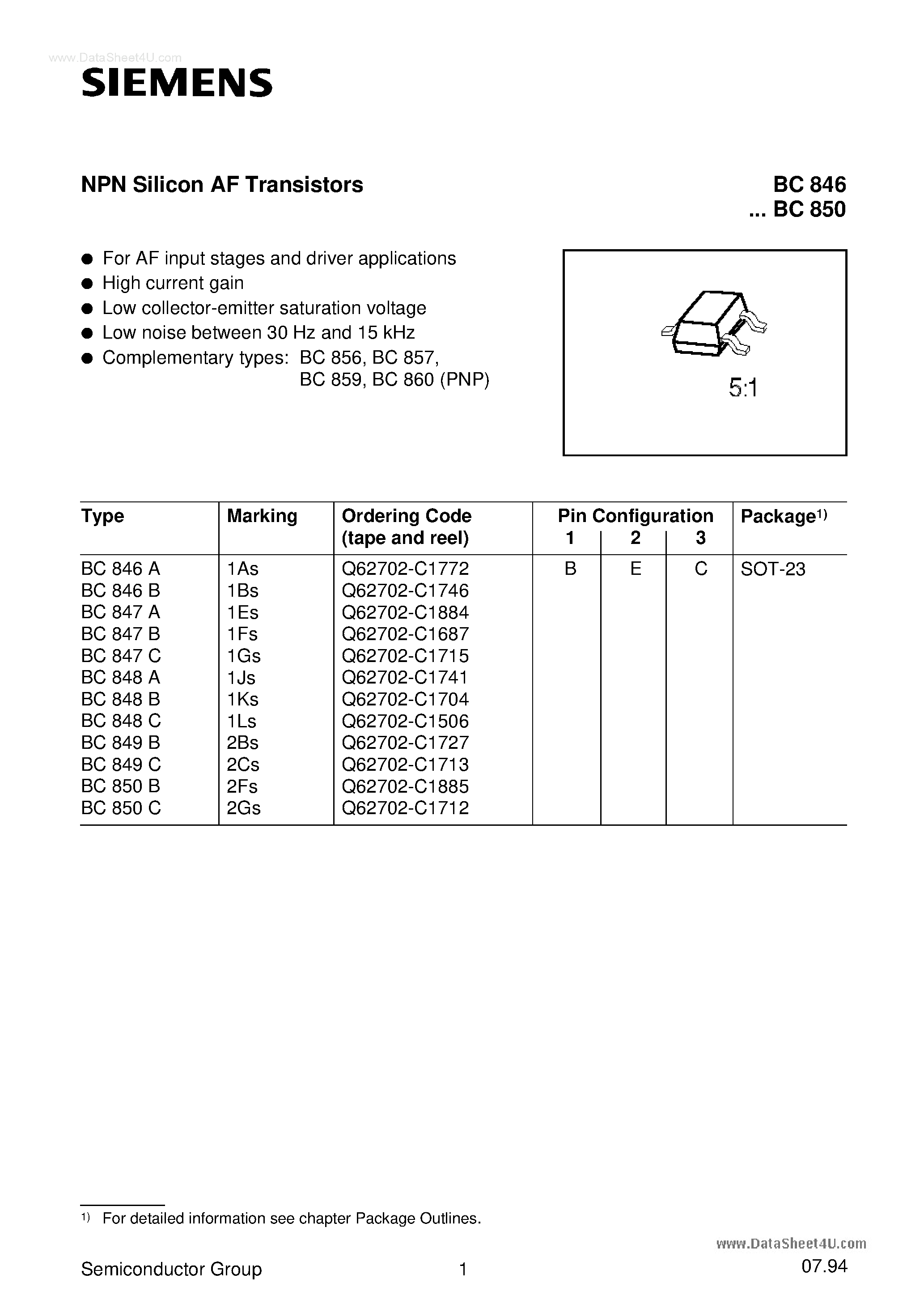 Datasheet BC848C - NPN Silicon AF Transistors (For AF input stages and driver applications High current gain) page 1