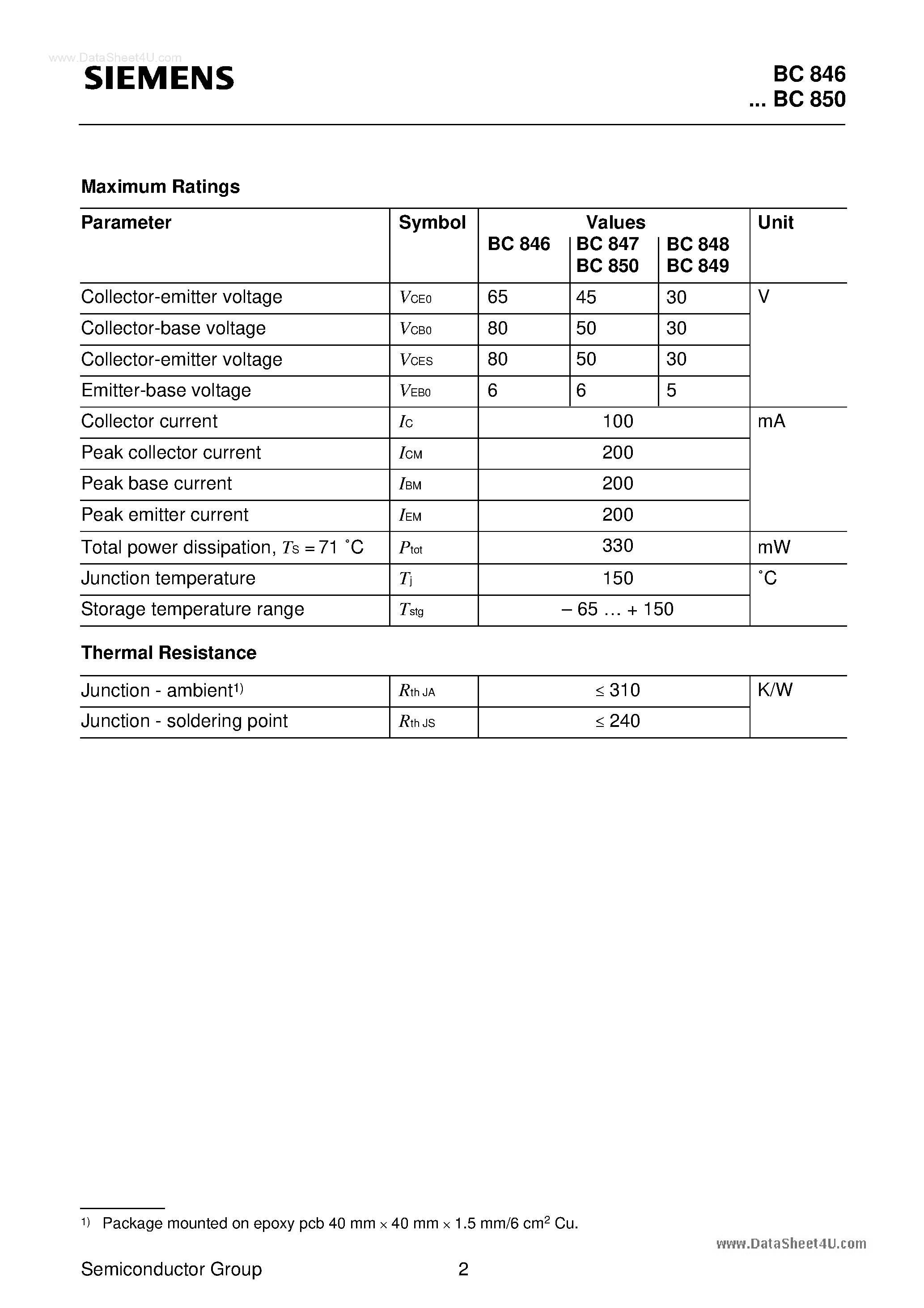 Datasheet BC848C - NPN Silicon AF Transistors (For AF input stages and driver applications High current gain) page 2