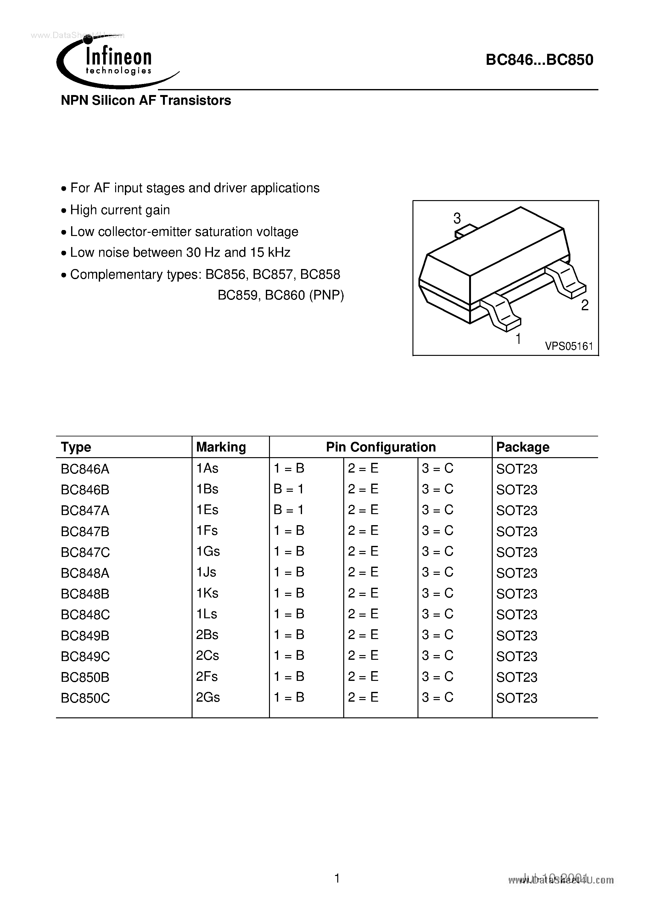 Даташит BC848C - NPN Silicon AF Transistors страница 1