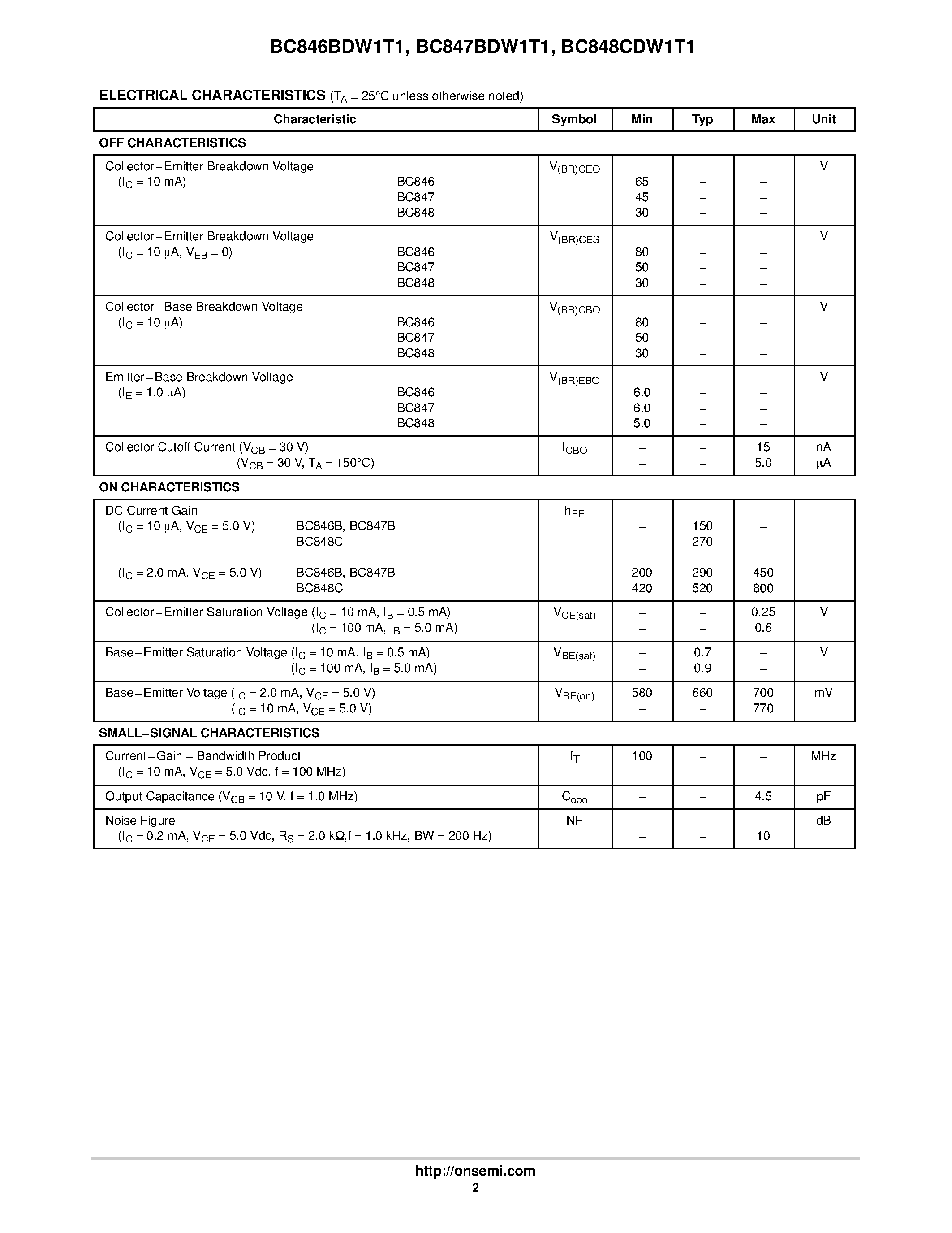 Даташит BC848CDW1T1 - Dual General Purpose Transistors страница 2