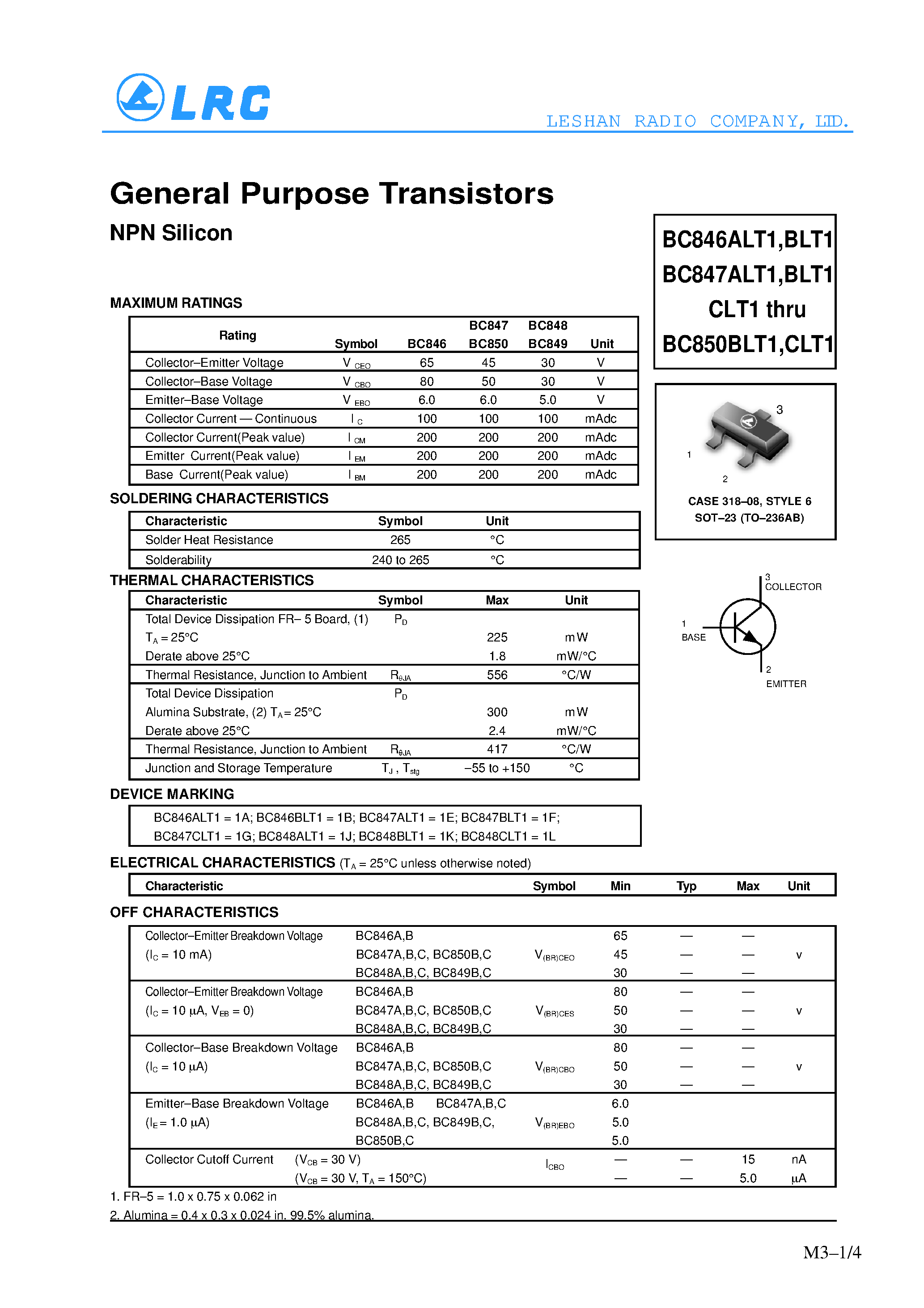 Даташит BC848CLT1 - General Purpose Transistors(NPN Silicon) страница 1