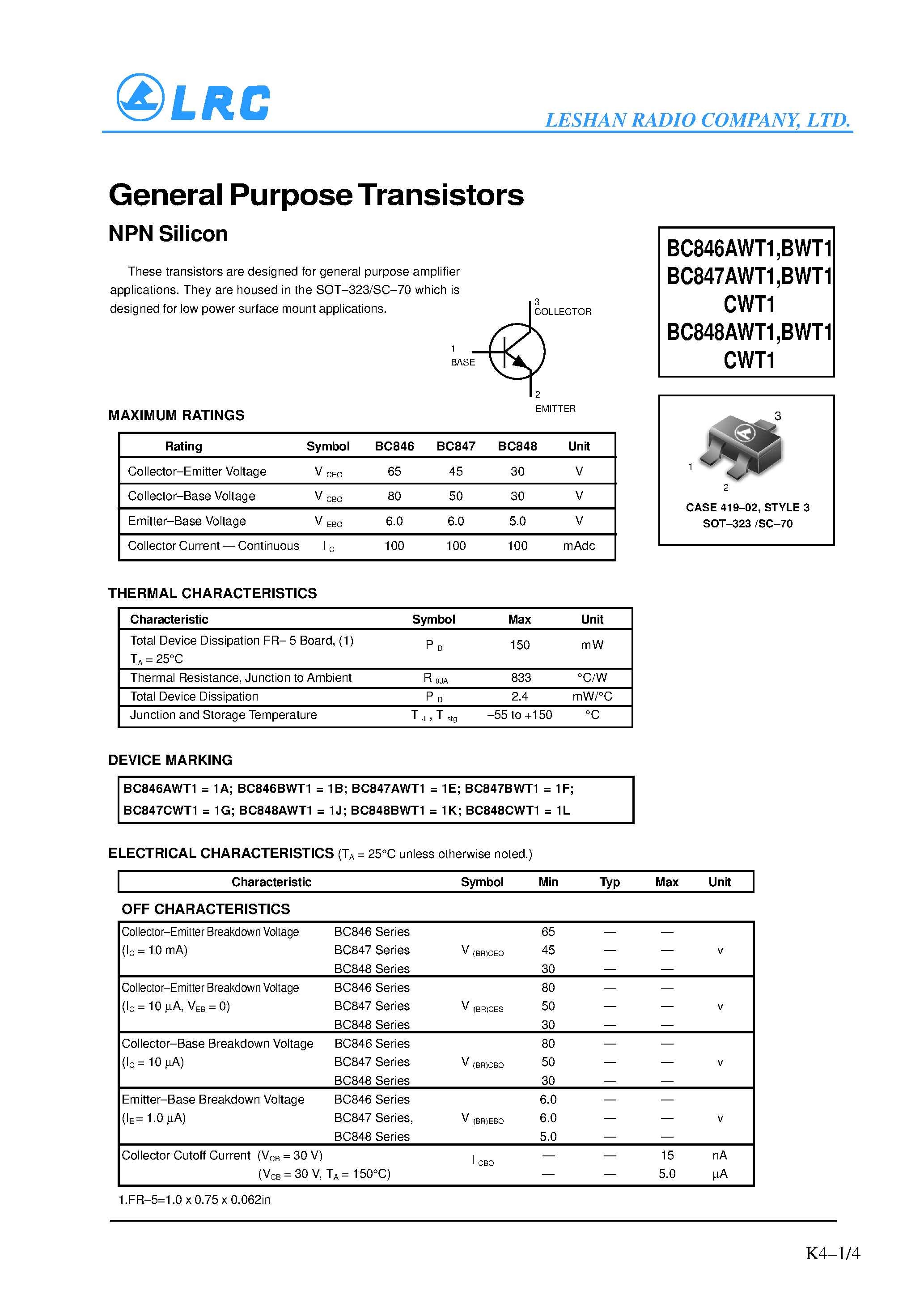 Даташит BC848CWT1 - General Purpose Transistors(NPN Silicon) страница 1