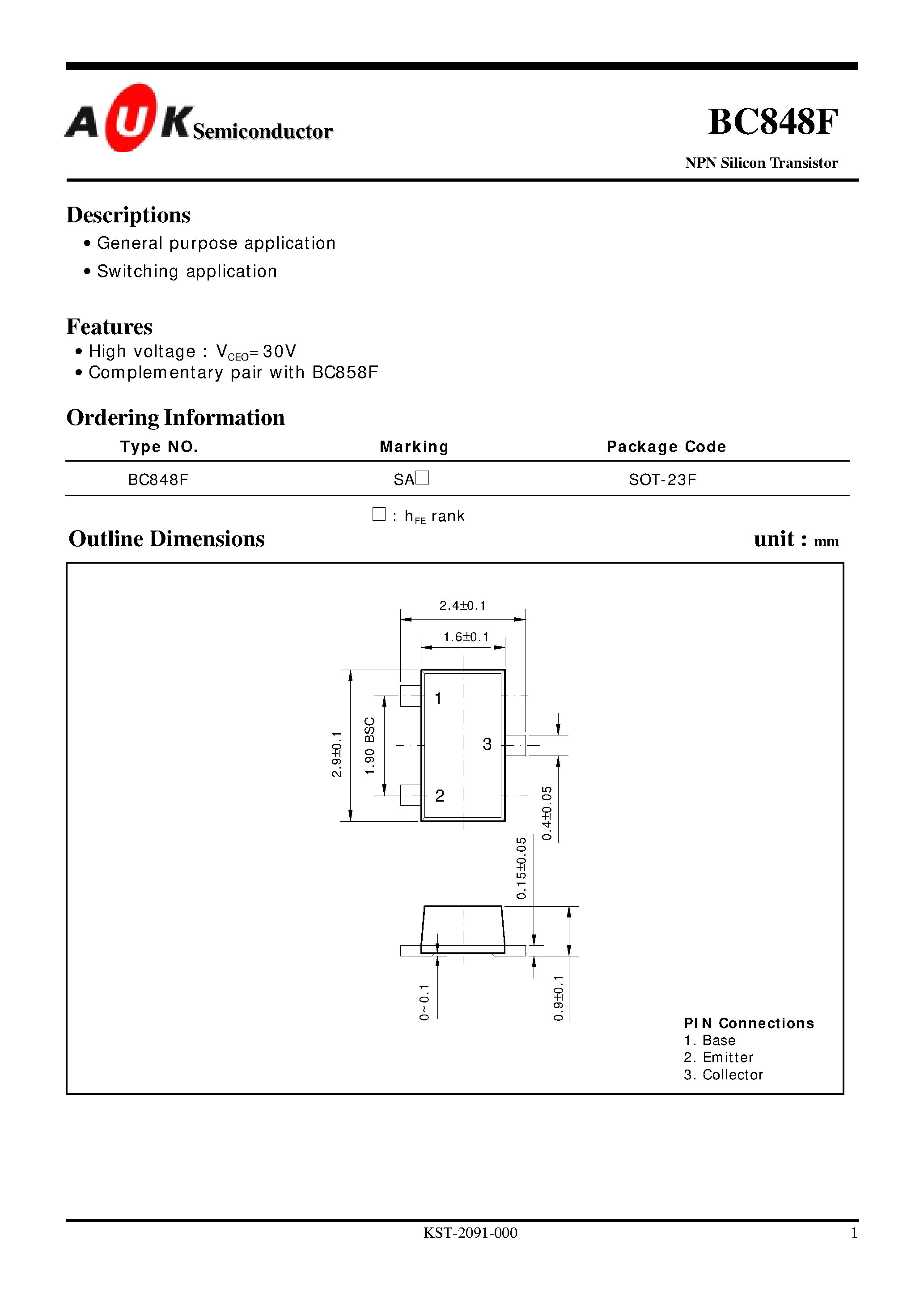 Даташит на микросхему BC848F страница 1 Даташит BC848F - NPN Silicon Transistor (General purpose application Switching application) страница 1