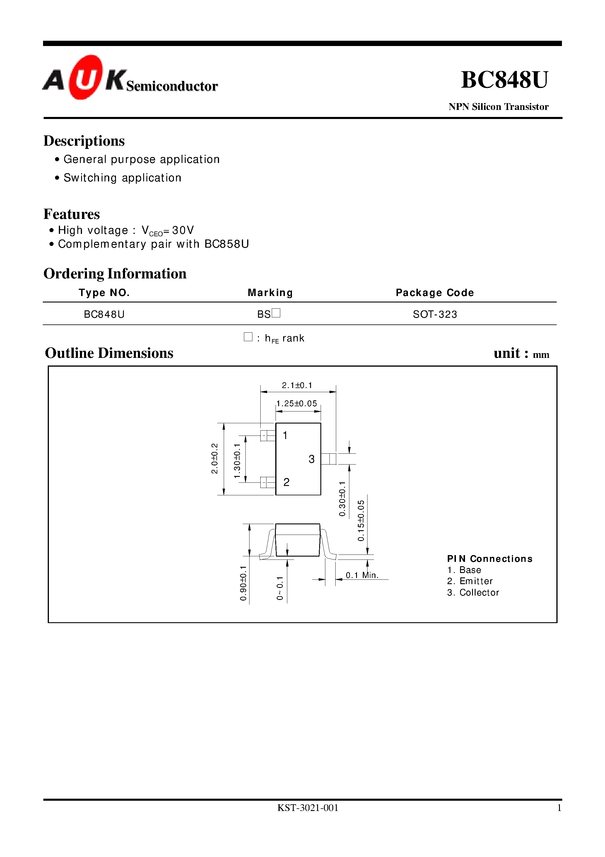 Даташит BC848U - NPN Silicon Transistor (General purpose application Switching application) страница 1
