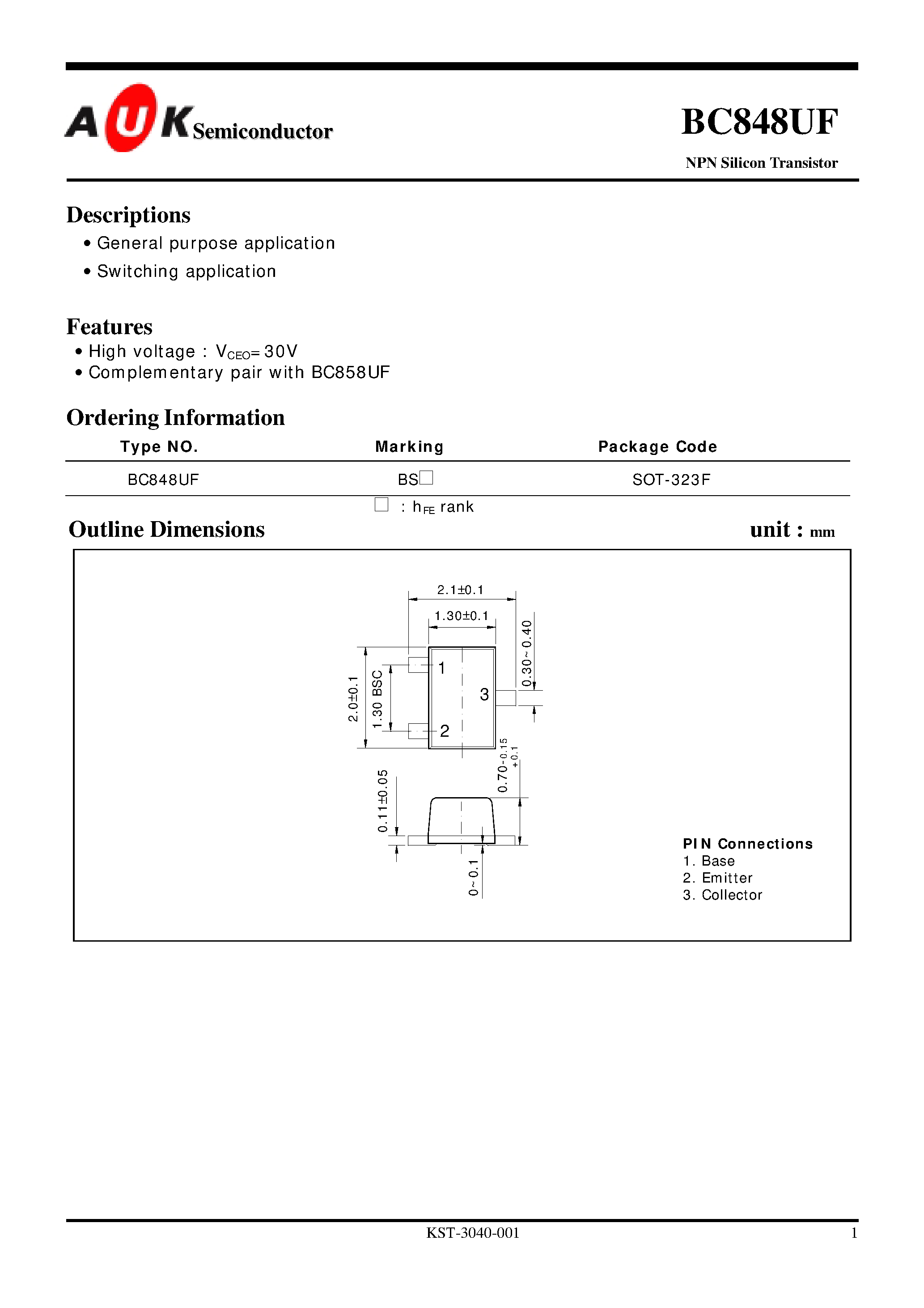 Даташит на микросхему BC848UF страница 1 Даташит BC848UF - NPN Silicon Transistor (General purpose application Switching application) страница 1