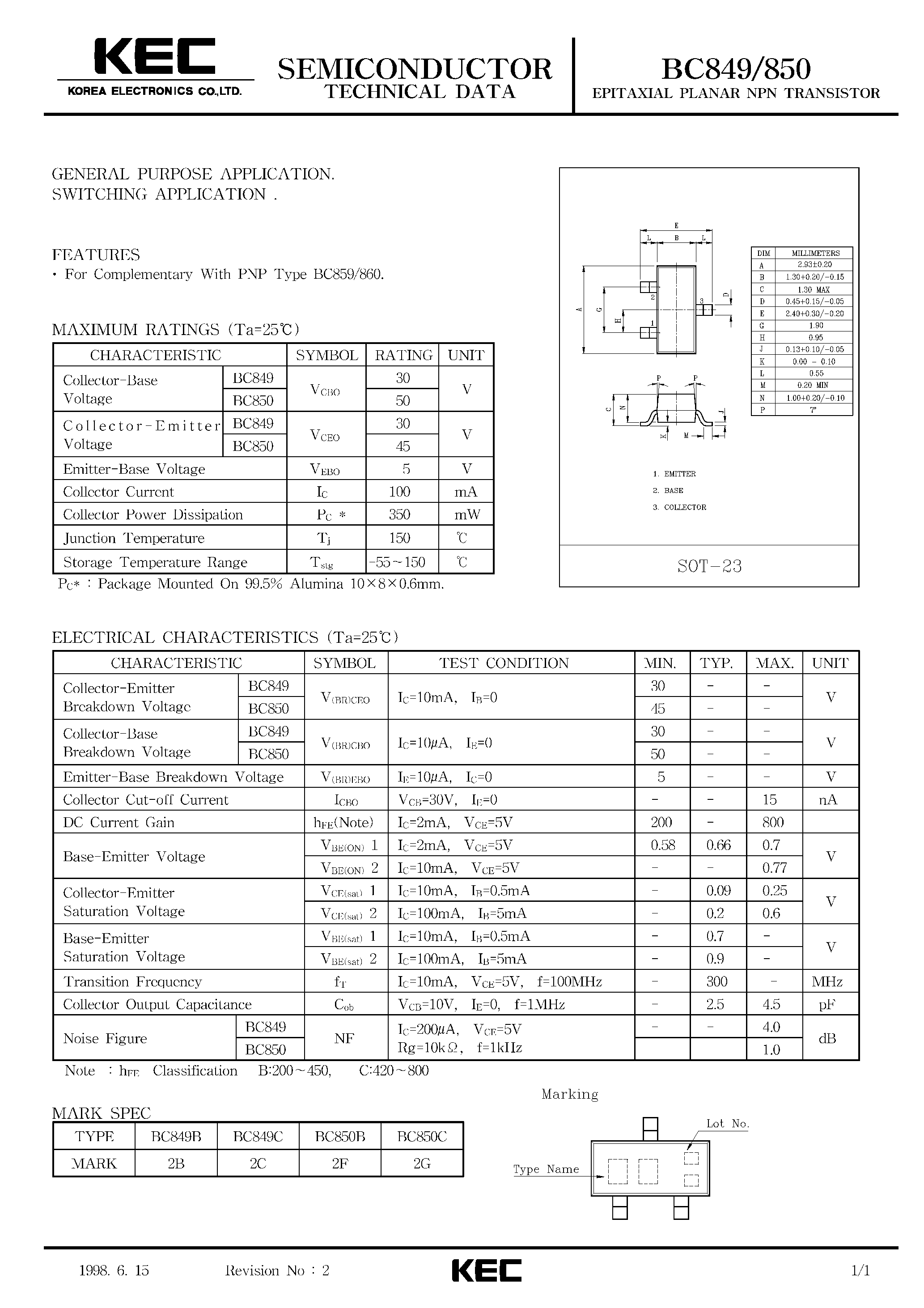Даташит на микросхему BC849 страница 1 Даташит BC849 - EPITAXIAL PLANAR NPN TRANSISTOR (GENERAL PURPOSE/ SWITCHING) страница 1