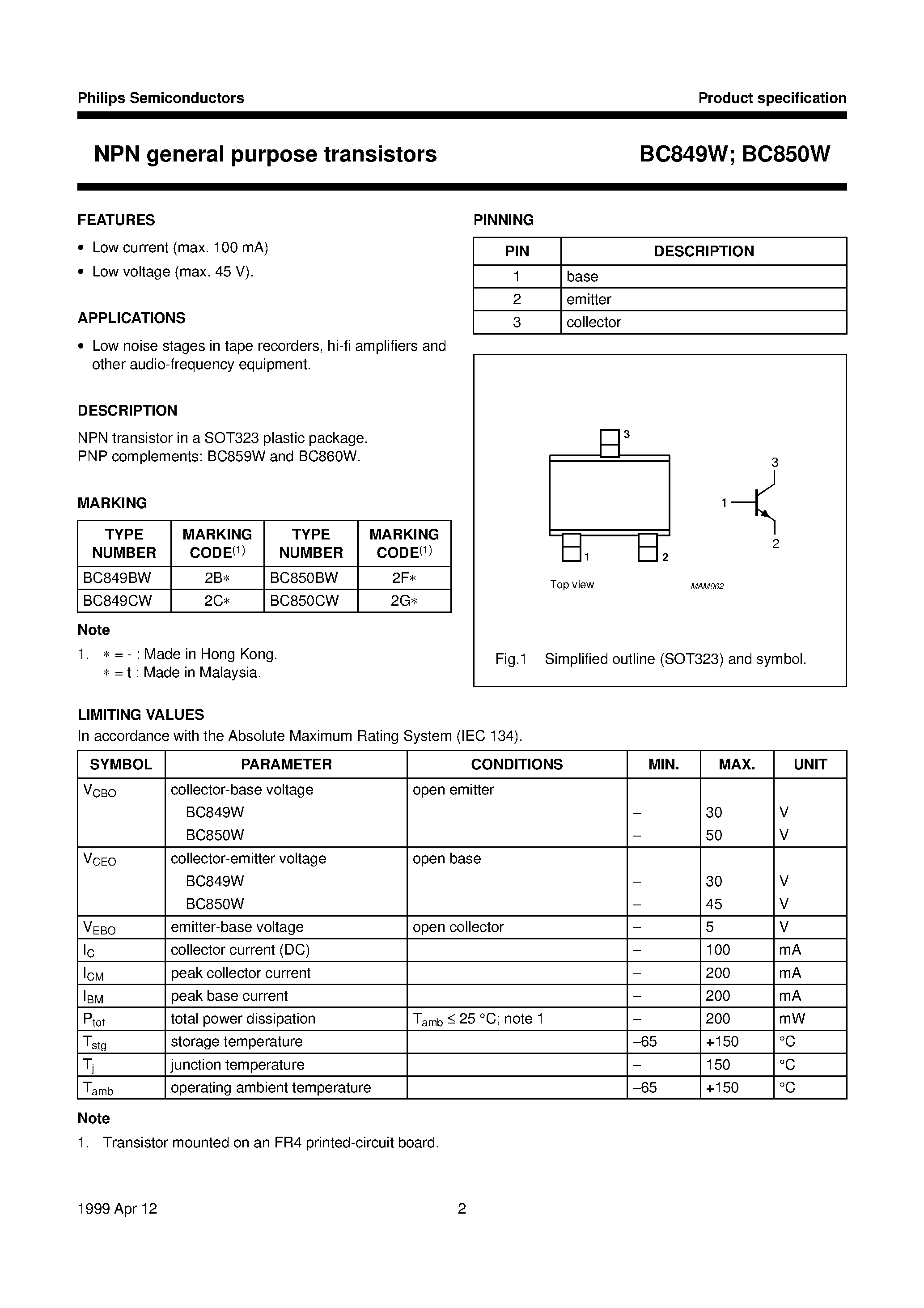 Даташит BC849CW - NPN general purpose transistors страница 2