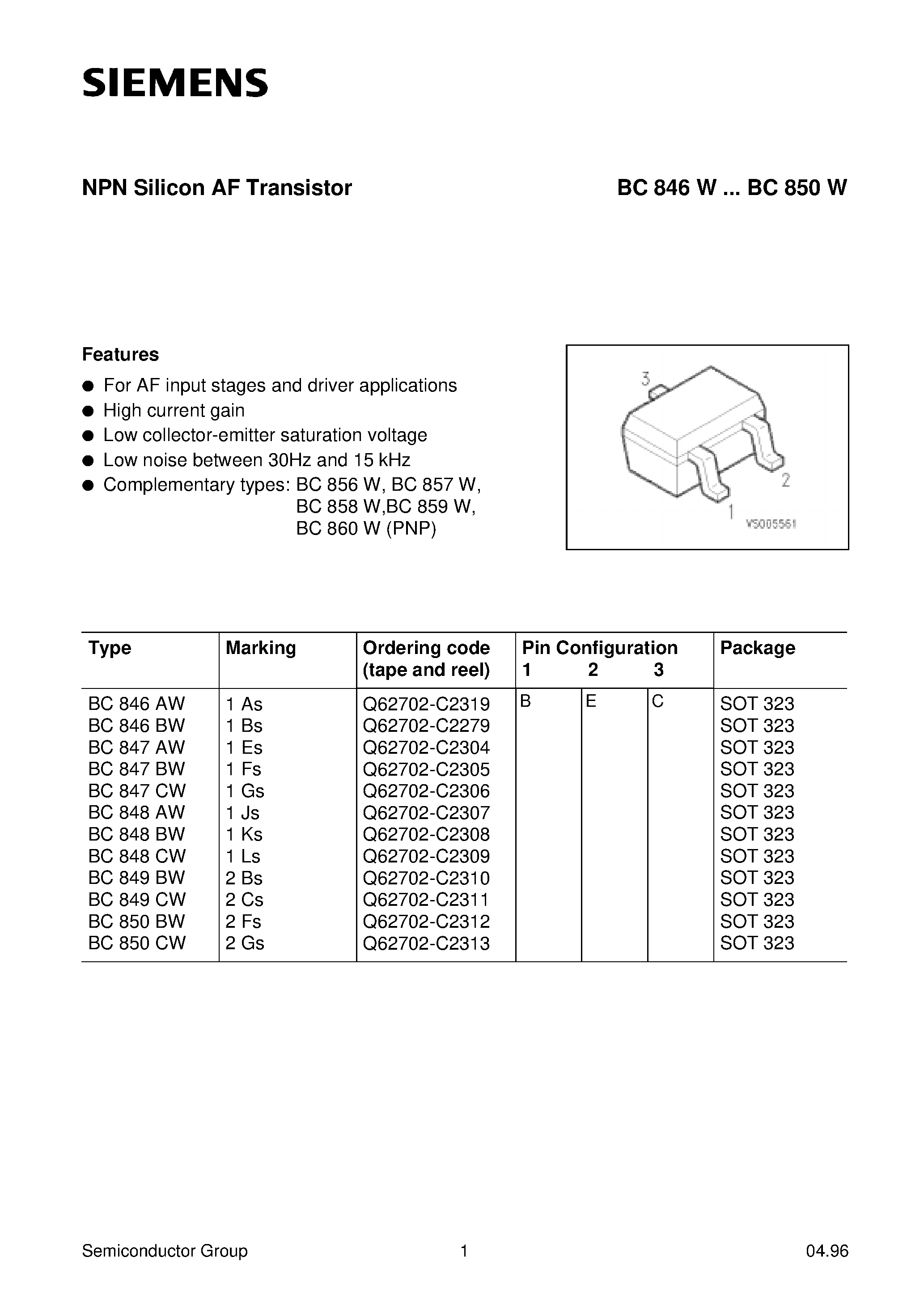 Datasheet BC849CW - NPN Silicon AF Transistor (For AF input stages and driver applications High current gain Low collector-emitter saturation voltage) page 1