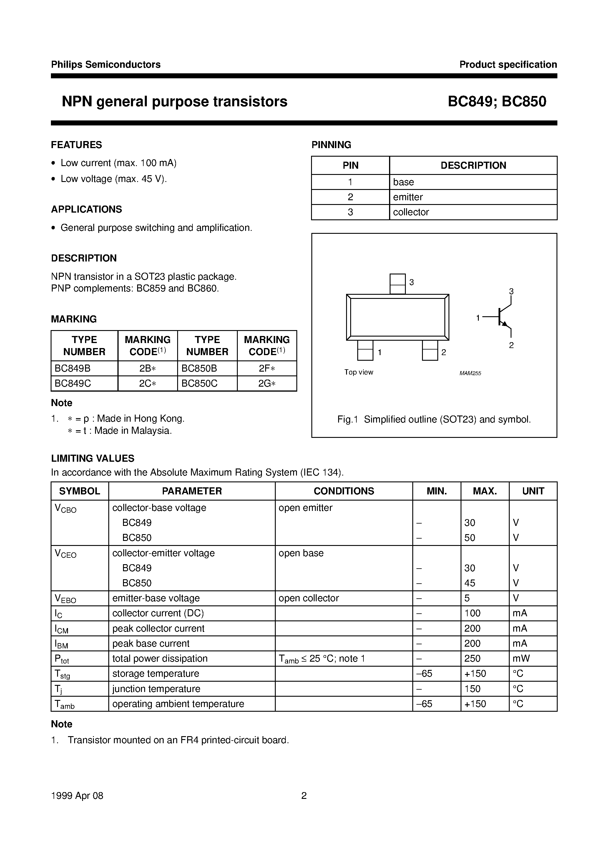 Даташит BC850 - NPN general purpose transistors страница 2