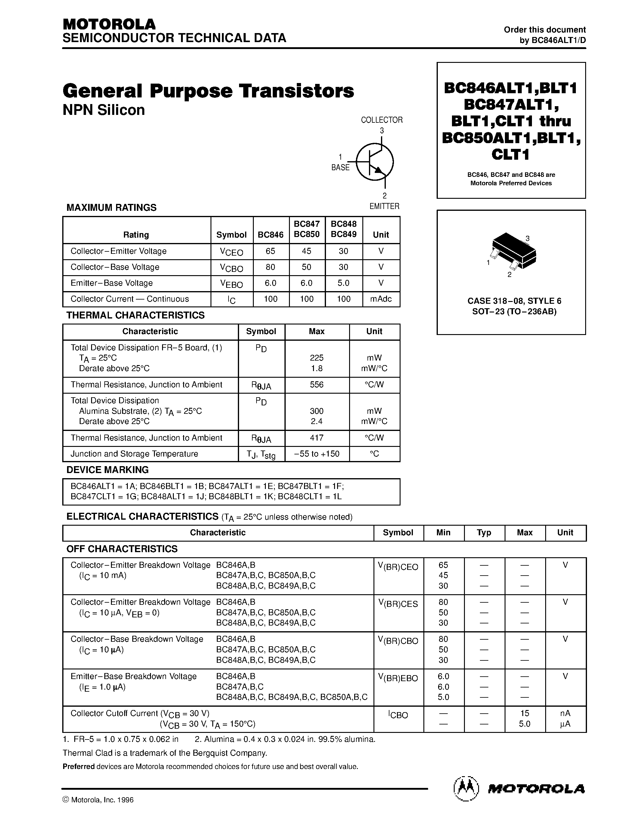 Datasheet BC850BLT1 - CASE 318-08/ STYLE 6 SOT-23 (TO-236AB) page 1