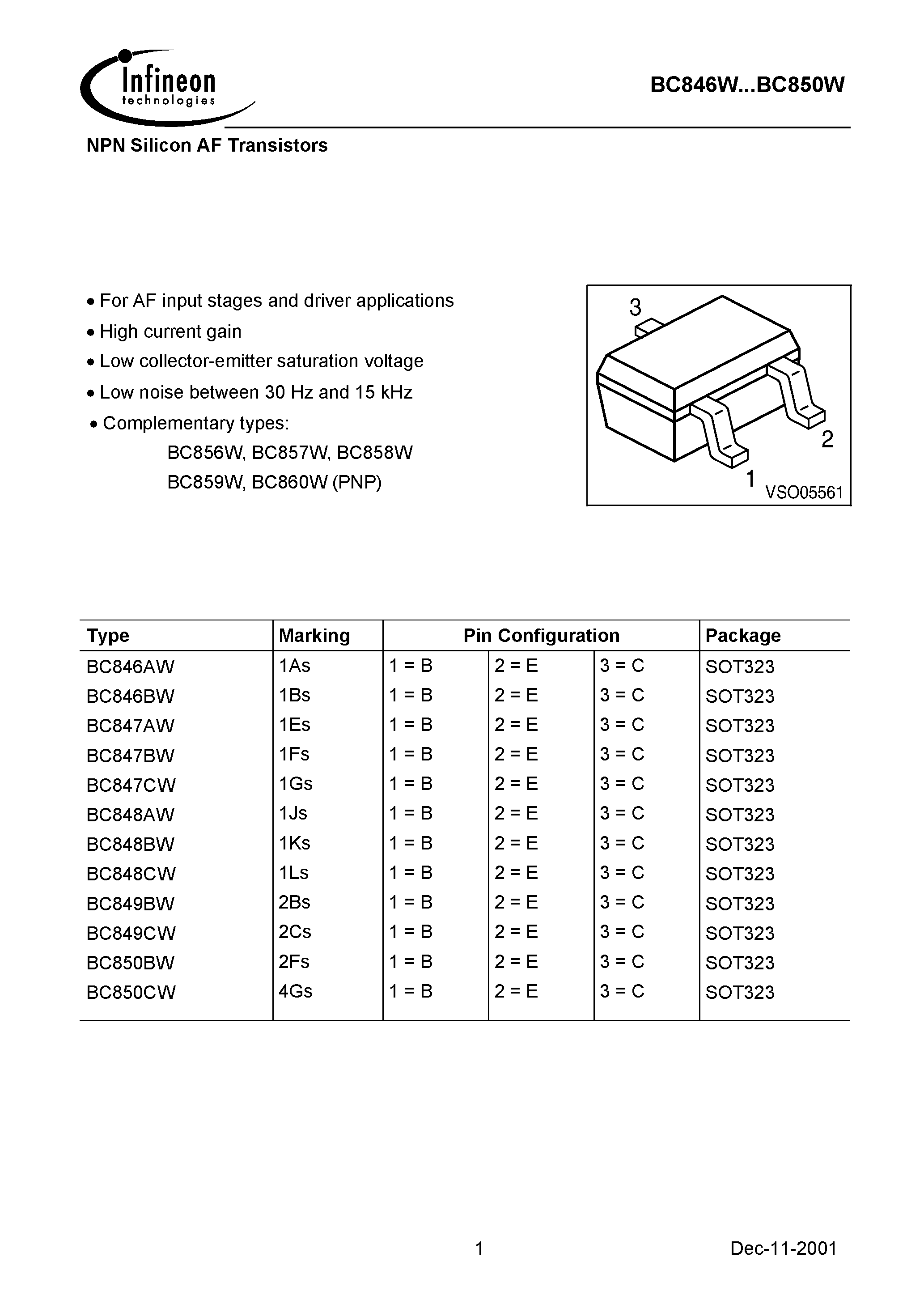 Даташит BC850CW - NPN Silicon AF Transistors страница 1