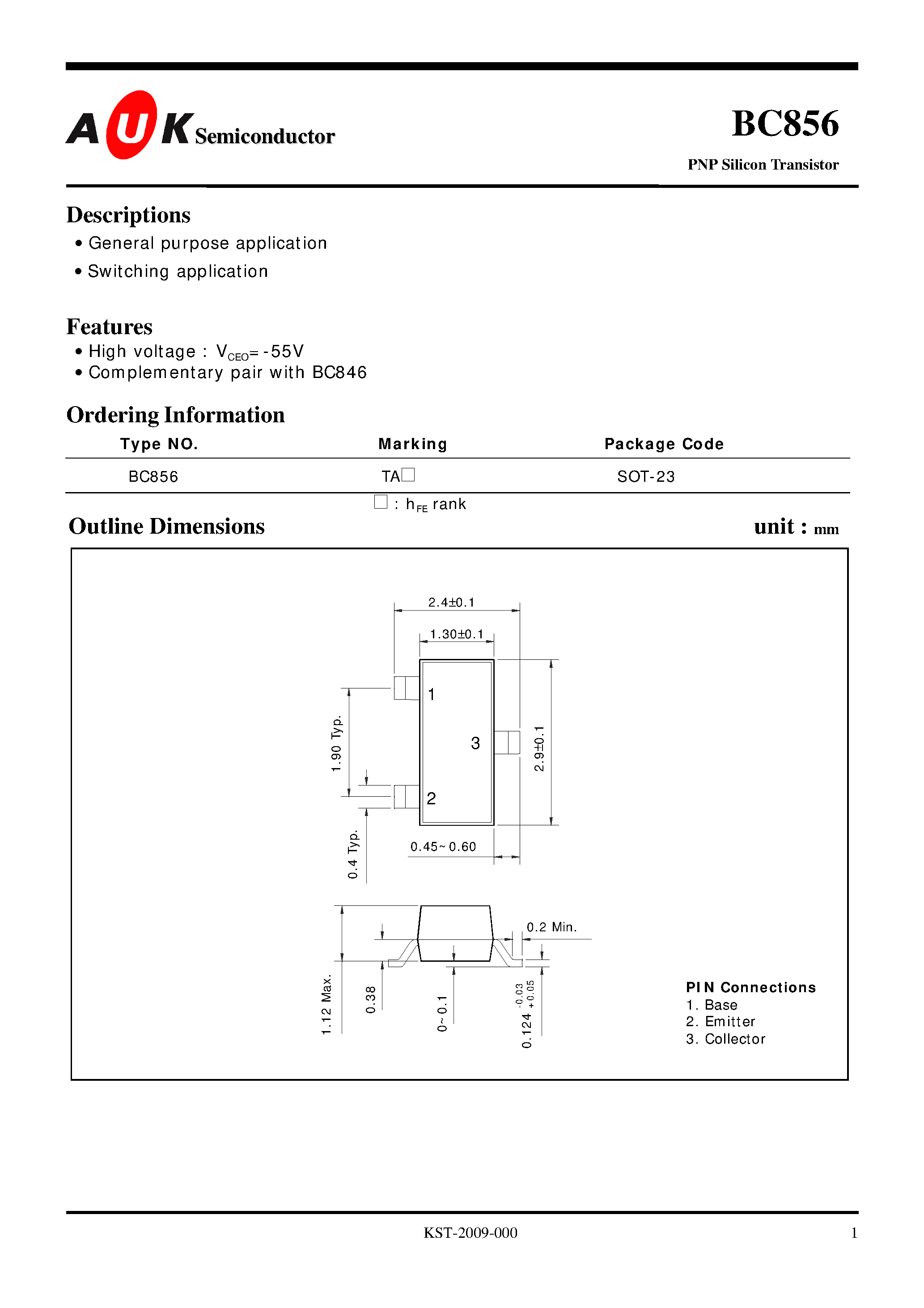 Даташит на микросхему BC856 страница 1 Даташит BC856 - PNP Silicon Transistor (General purpose application Switching application) страница 1