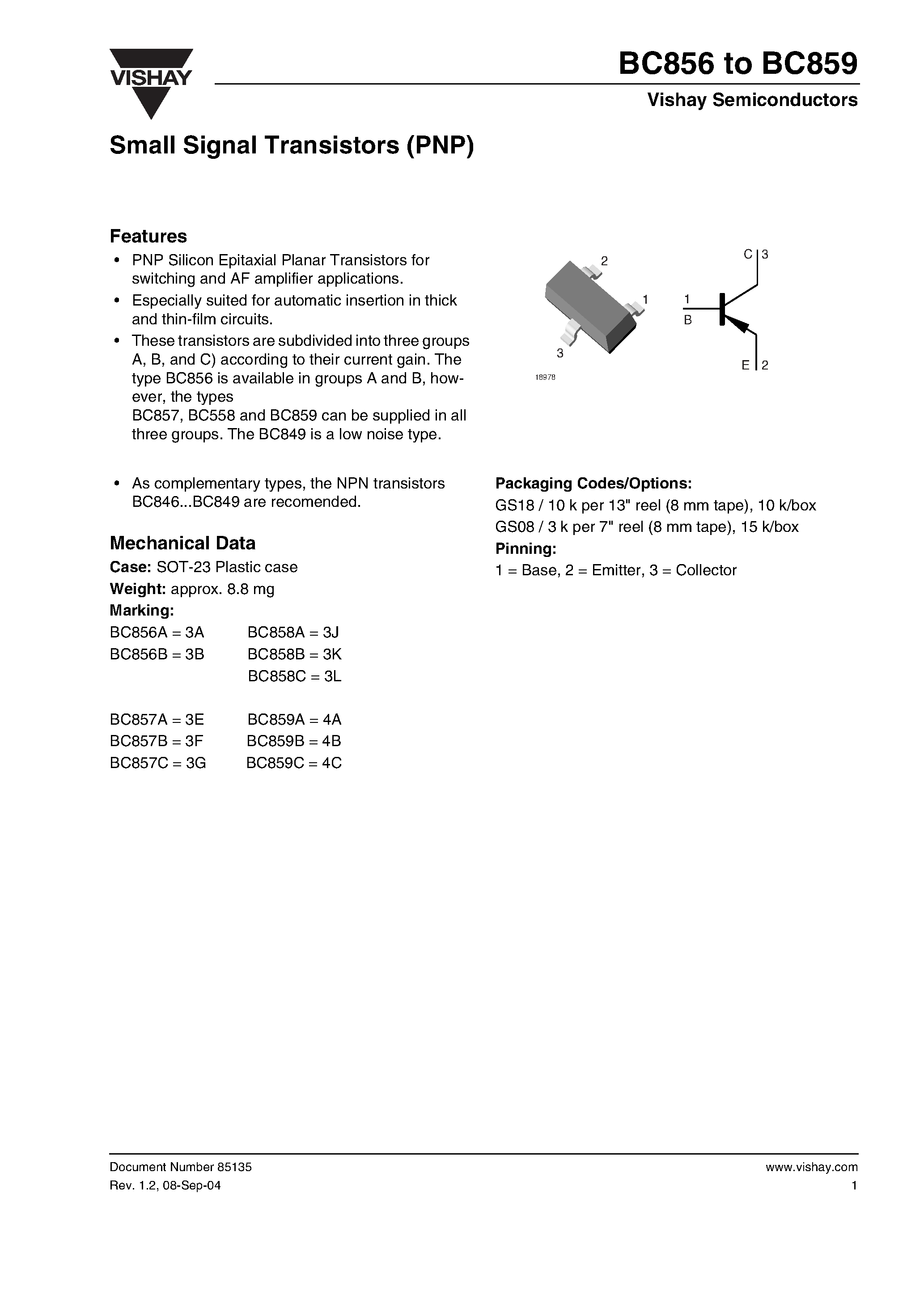 Даташит BC856 - Small Signal Transistors (PNP) страница 1