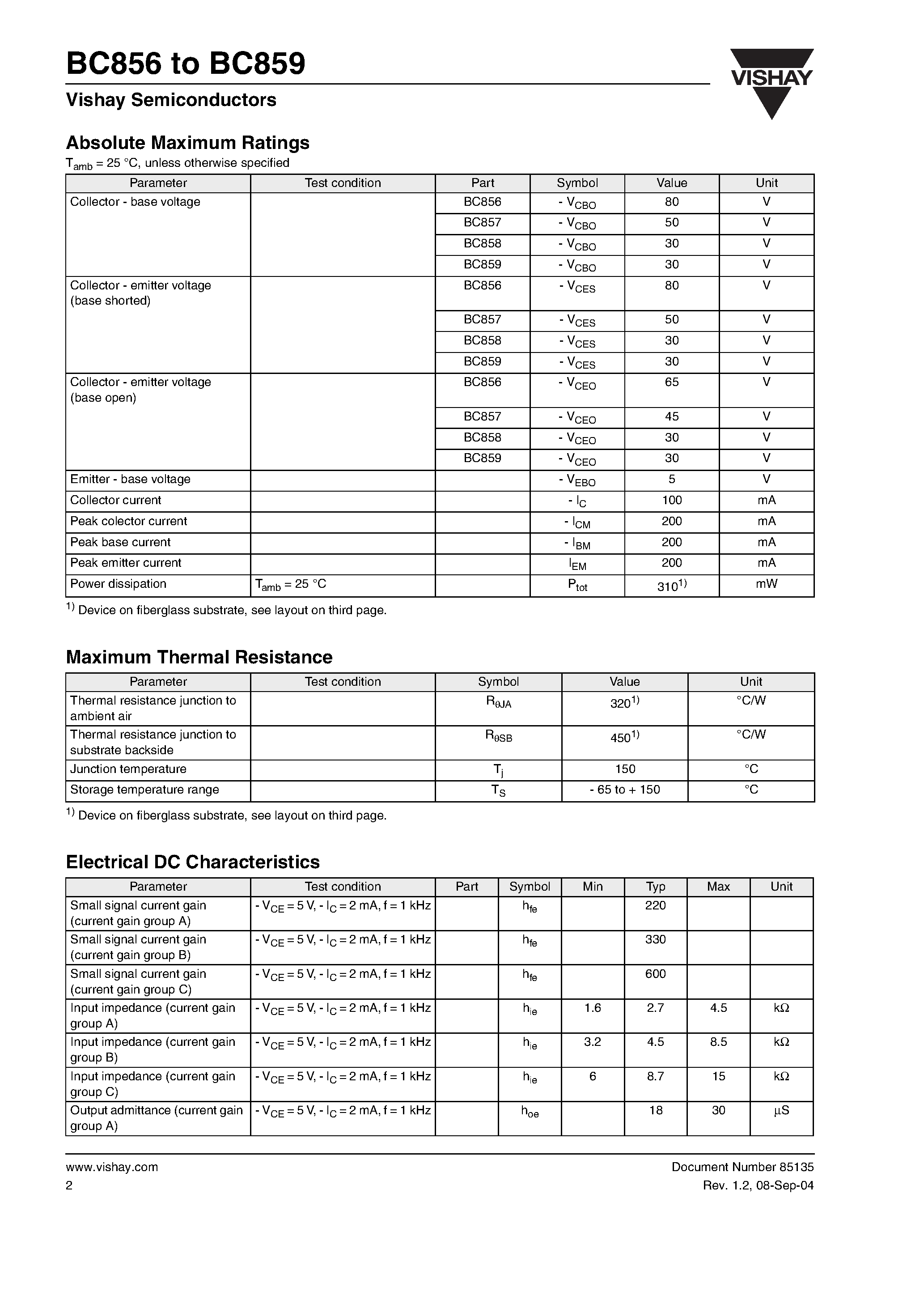 Даташит BC856 - Small Signal Transistors (PNP) страница 2