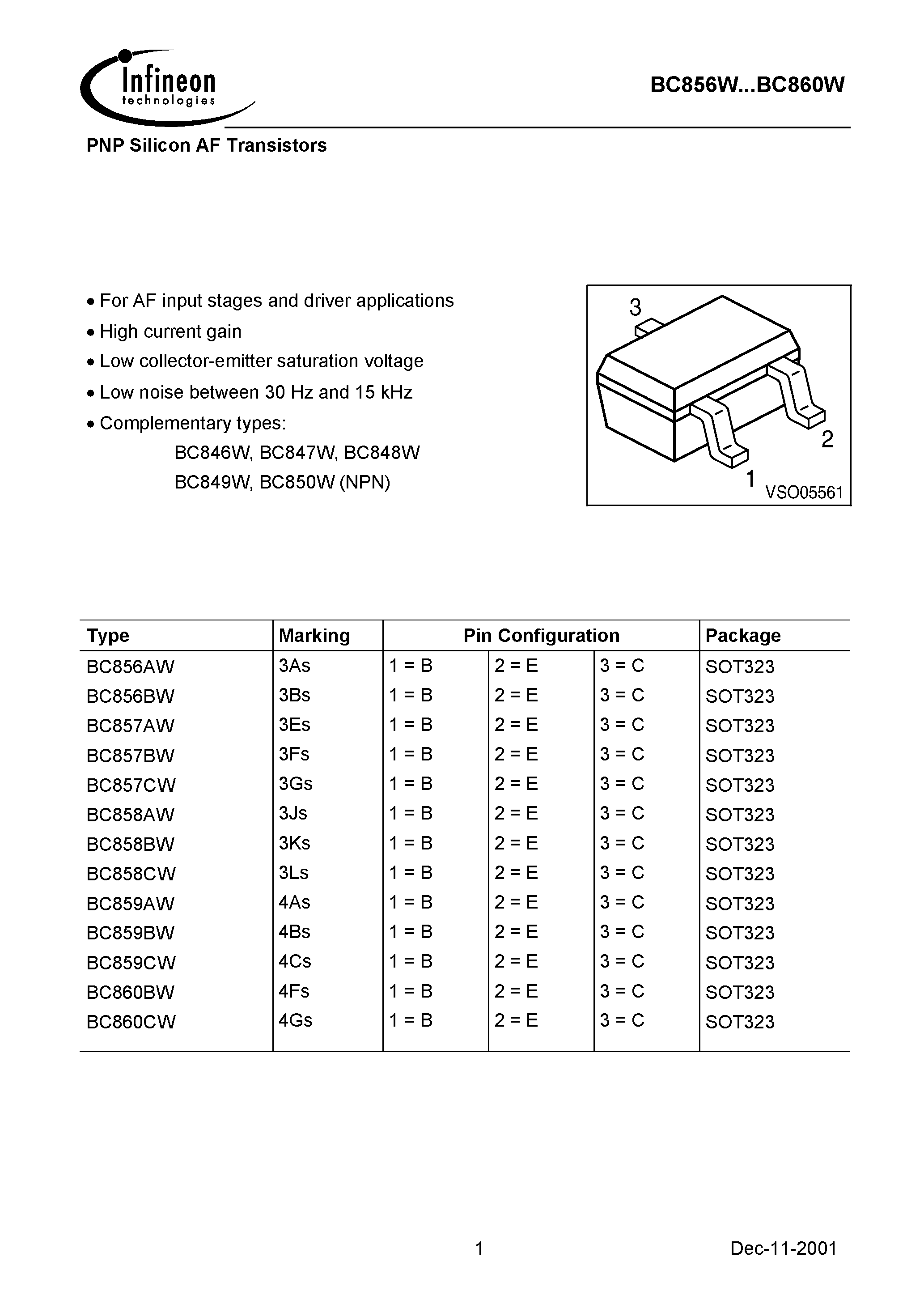 Даташит BC856AW - PNP Silicon AF Transistors страница 1