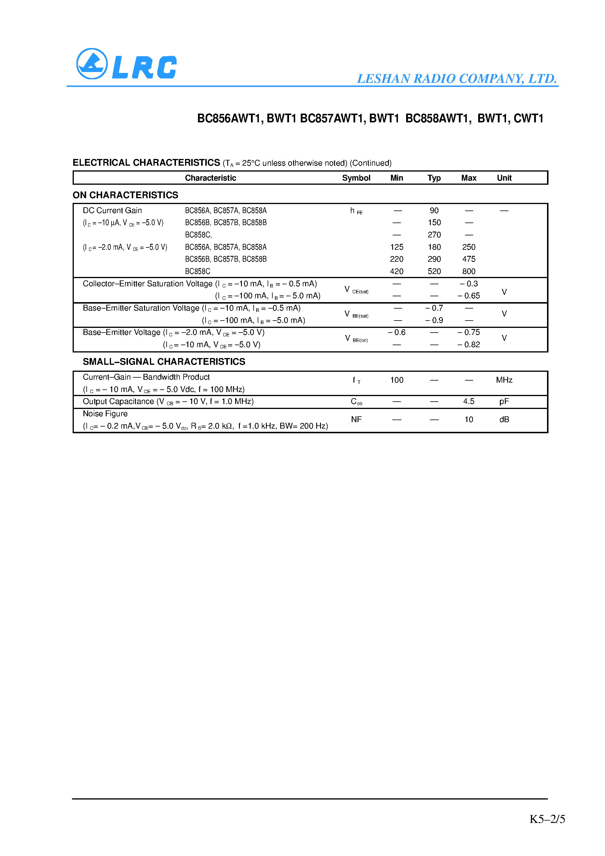 Даташит BC856AWT1 - General Purpose Transistors(PNP Silicon) страница 2