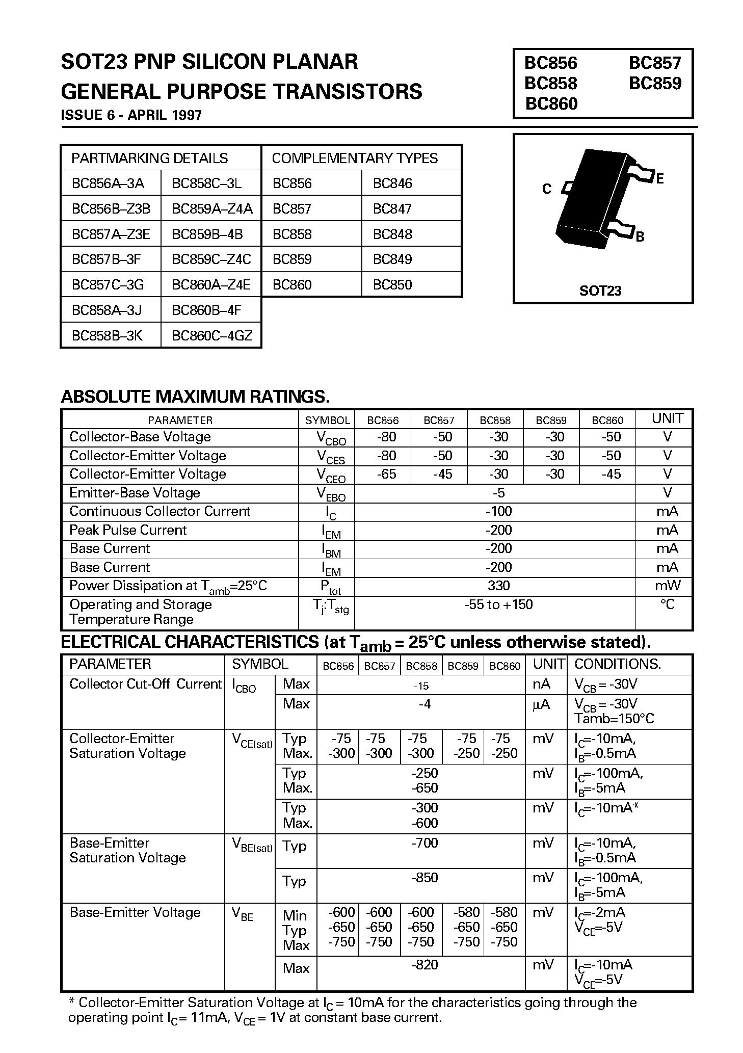 Даташит BC856B-Z3B - SOT23 PNP SILICON PLANAR GENERAL PURPOSE TRANSISTORS страница 1