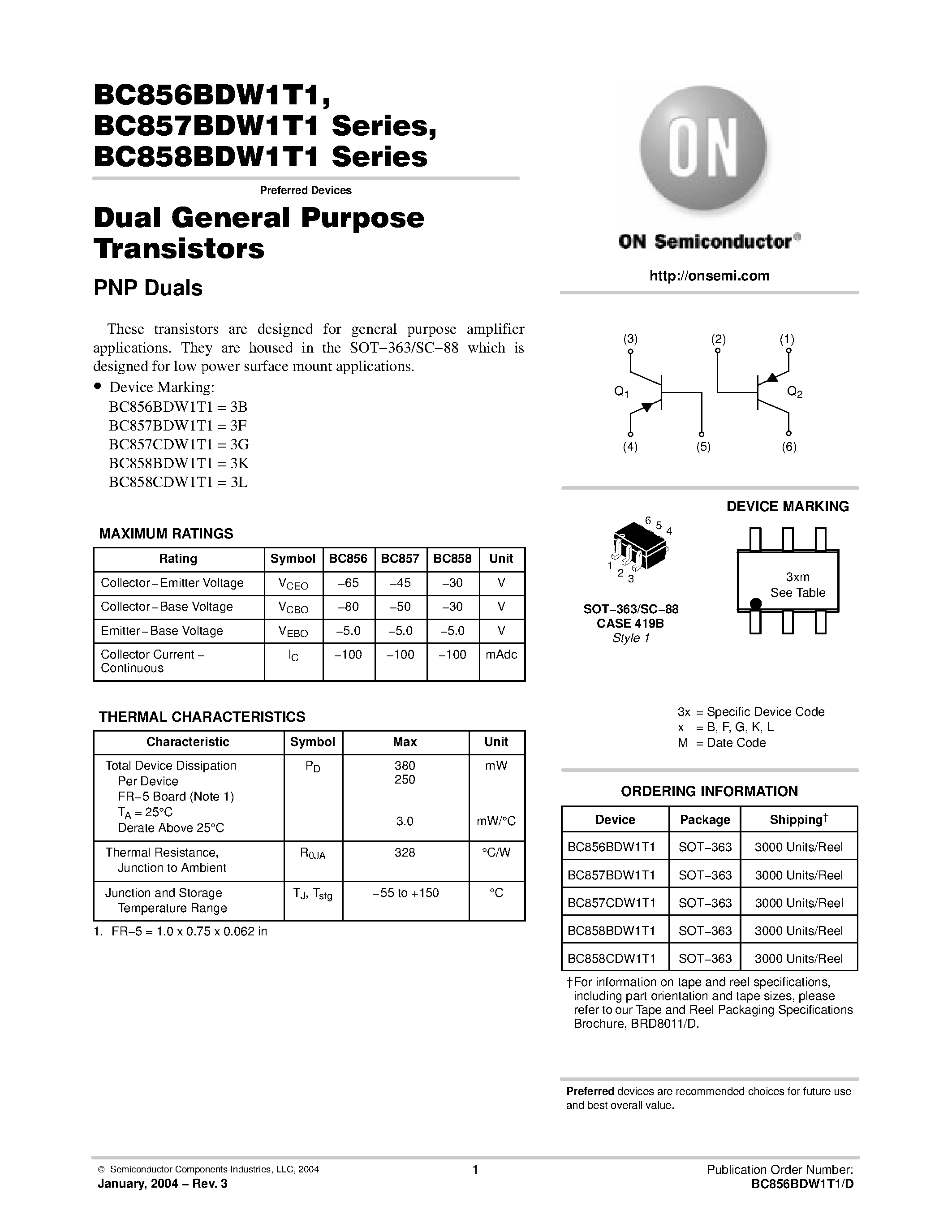 Даташит BC856BDW1T1 - Dual General Purpose Transistors страница 1