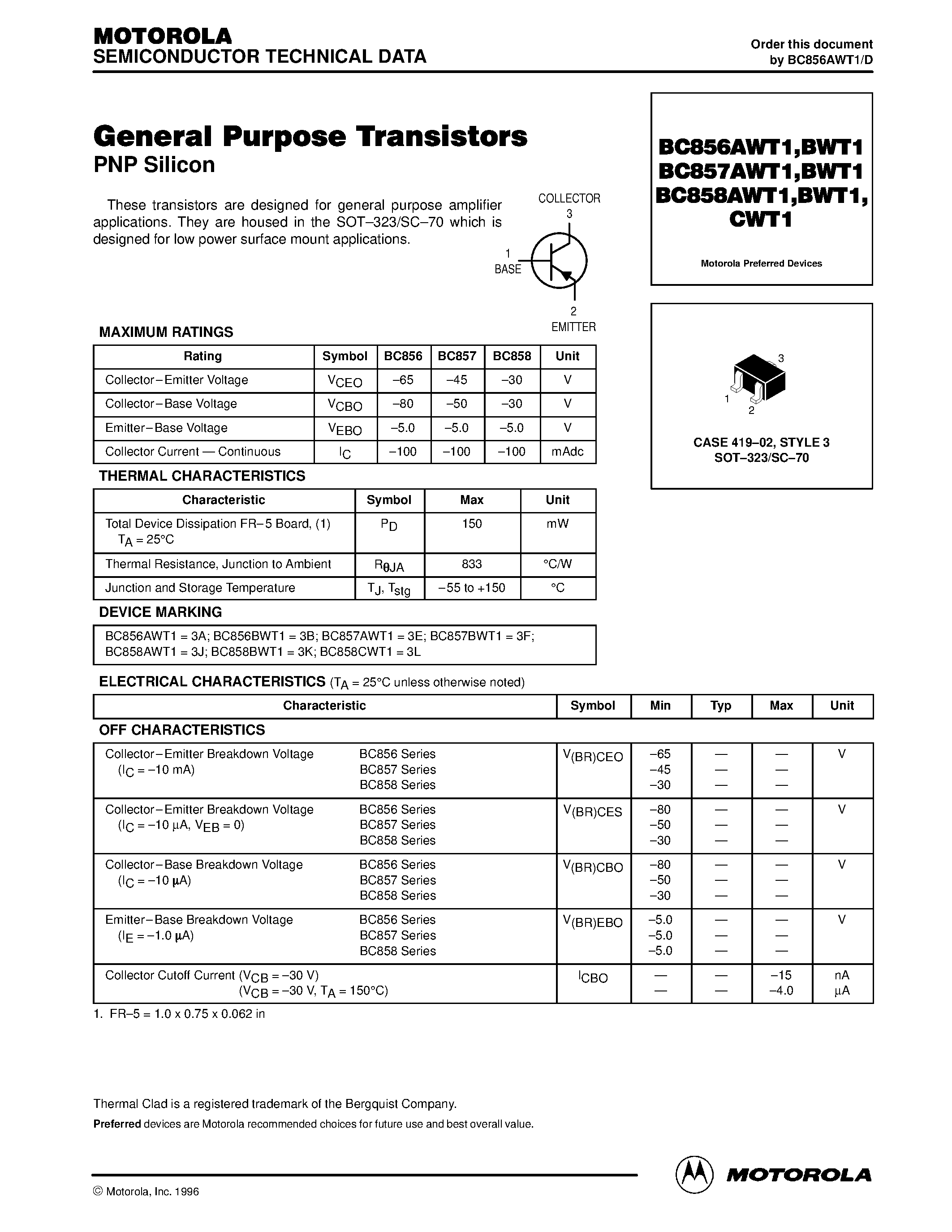 Даташит BC856BWT1 - General Purpose Transistors(PNP Silicon) страница 1