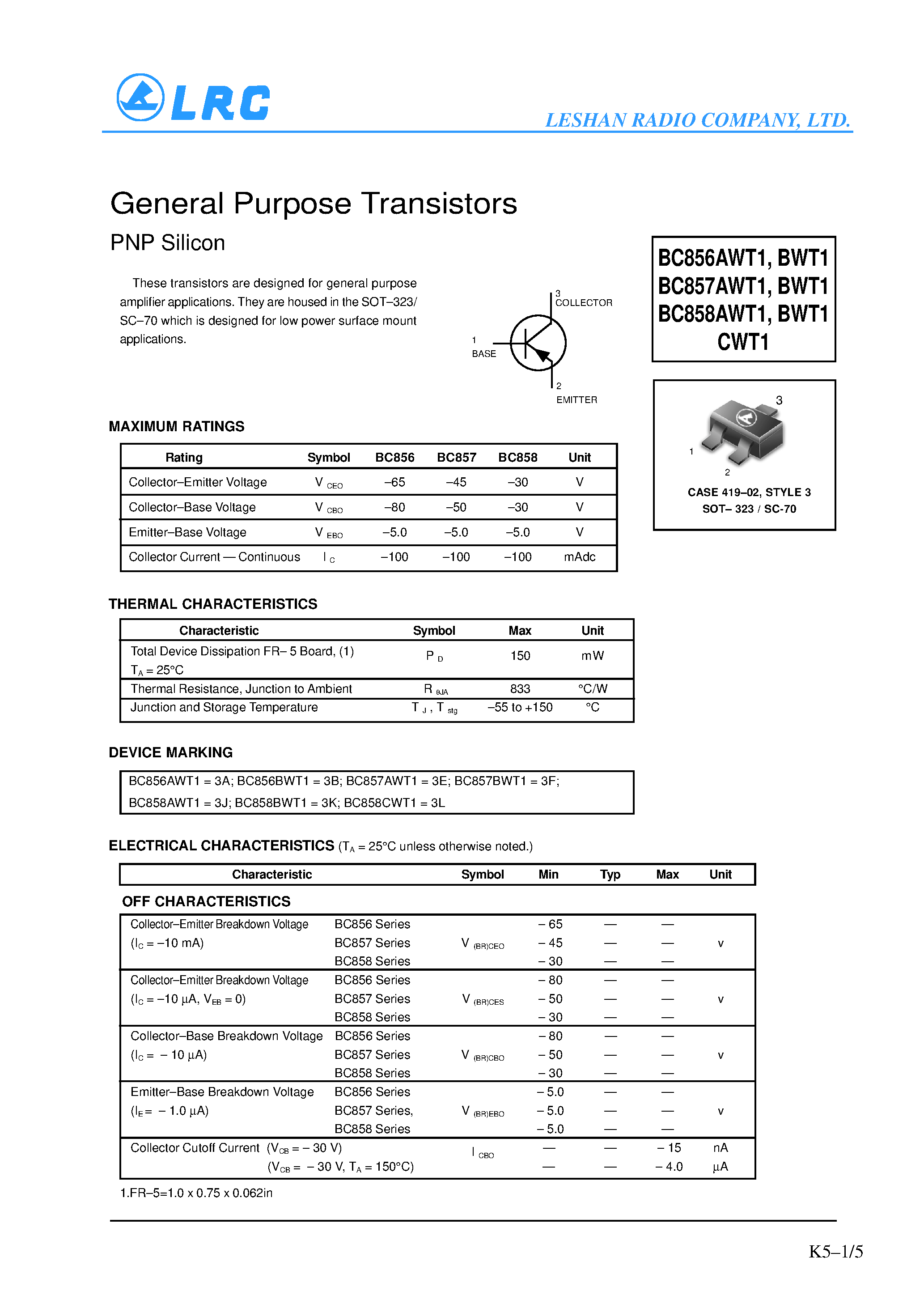Даташит BC856BWT1 - General Purpose Transistors(PNP Silicon) страница 1