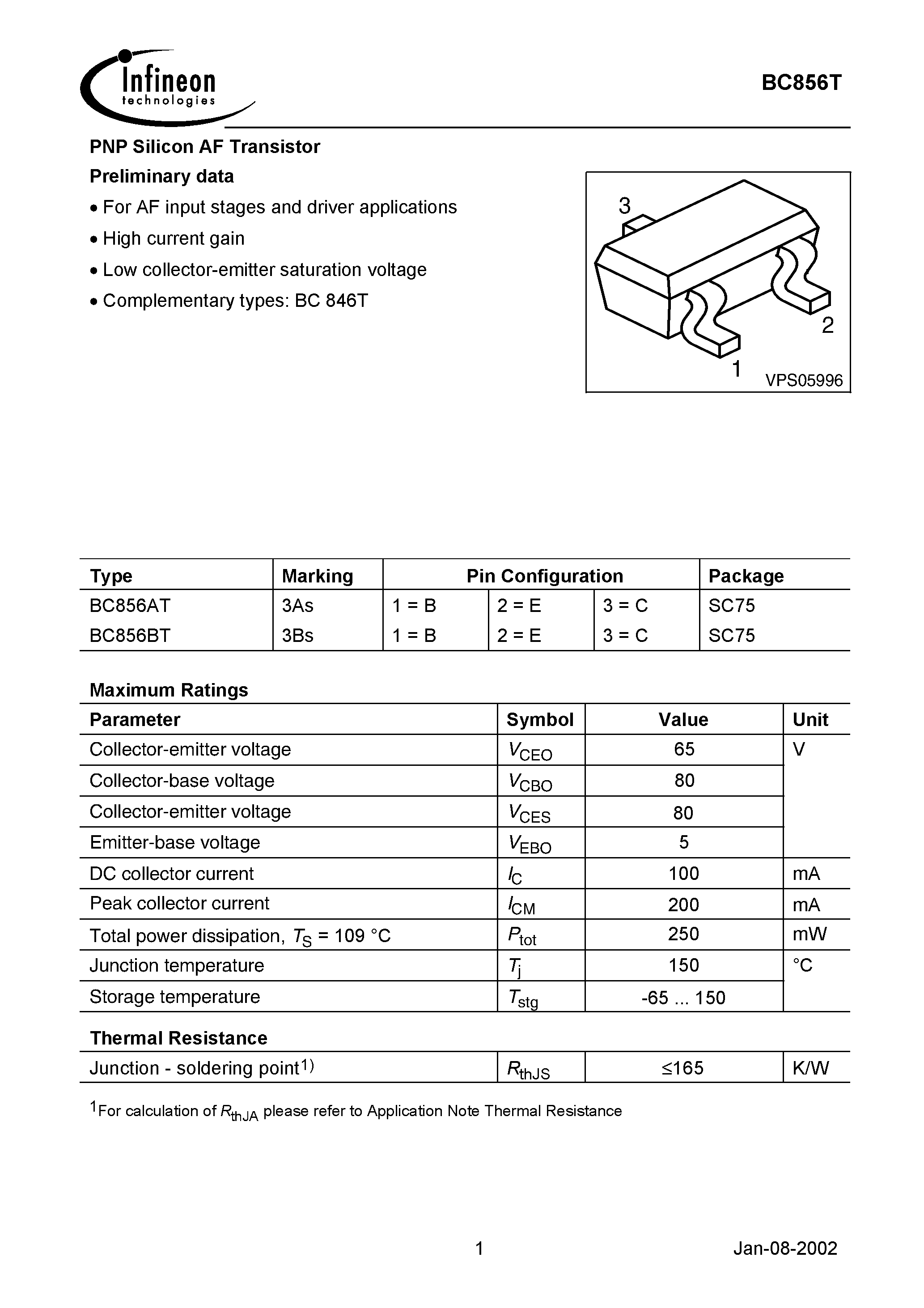 Даташит BC856T - NPN Silicon AF Transistors страница 1