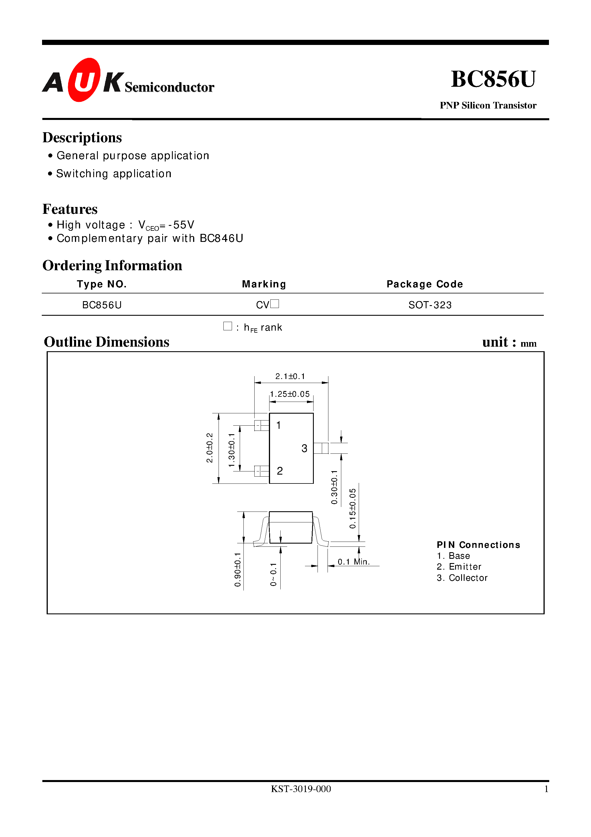 Даташит на микросхему BC856U страница 1 Даташит BC856U - PNP Silicon Transistor (General purpose application Switching application) страница 1