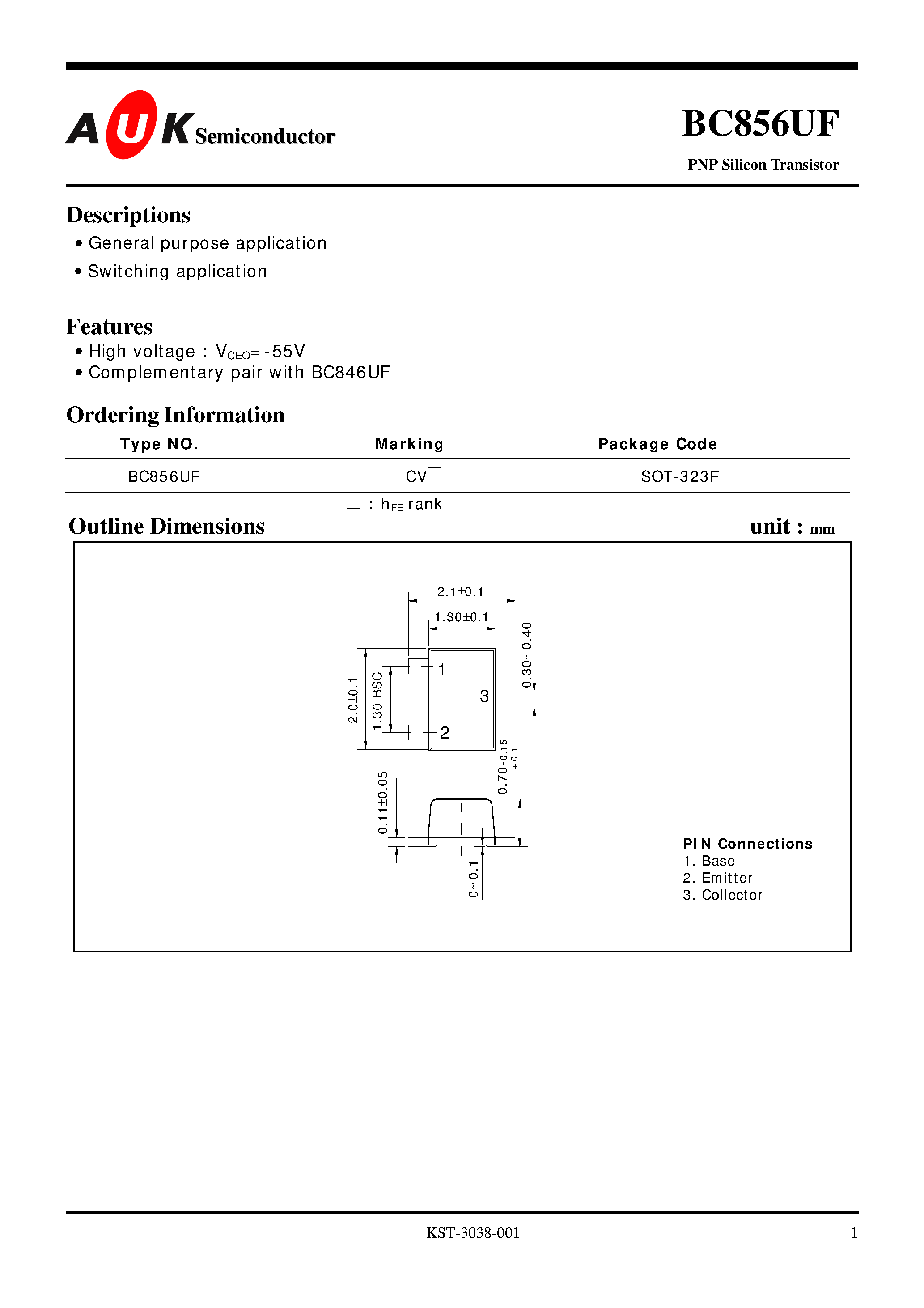 Даташит на микросхему BC856UF страница 1 Даташит BC856UF - PNP Silicon Transistor (General purpose application Switching application) страница 1