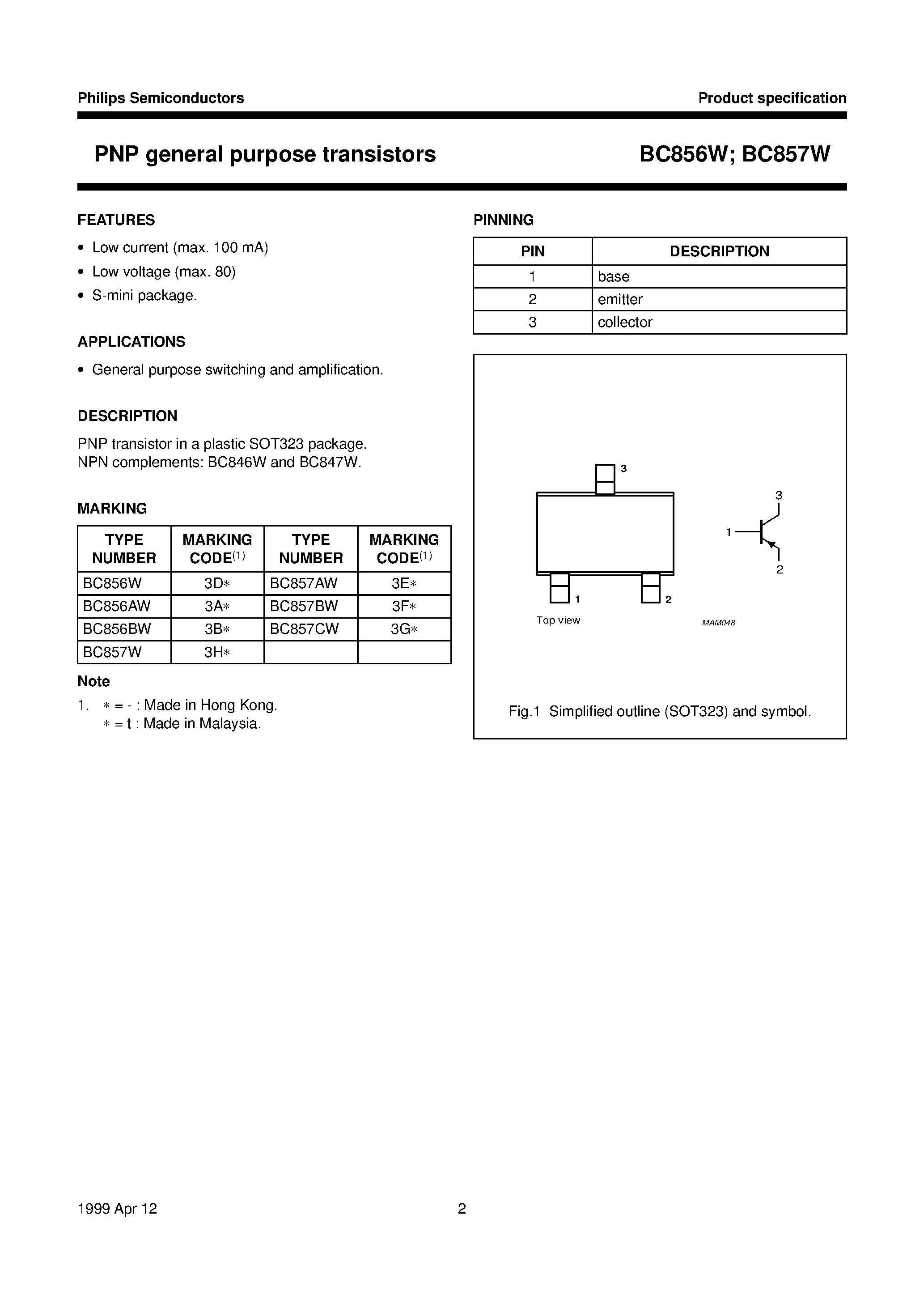 Даташит BC856W - PNP general purpose transistors страница 2