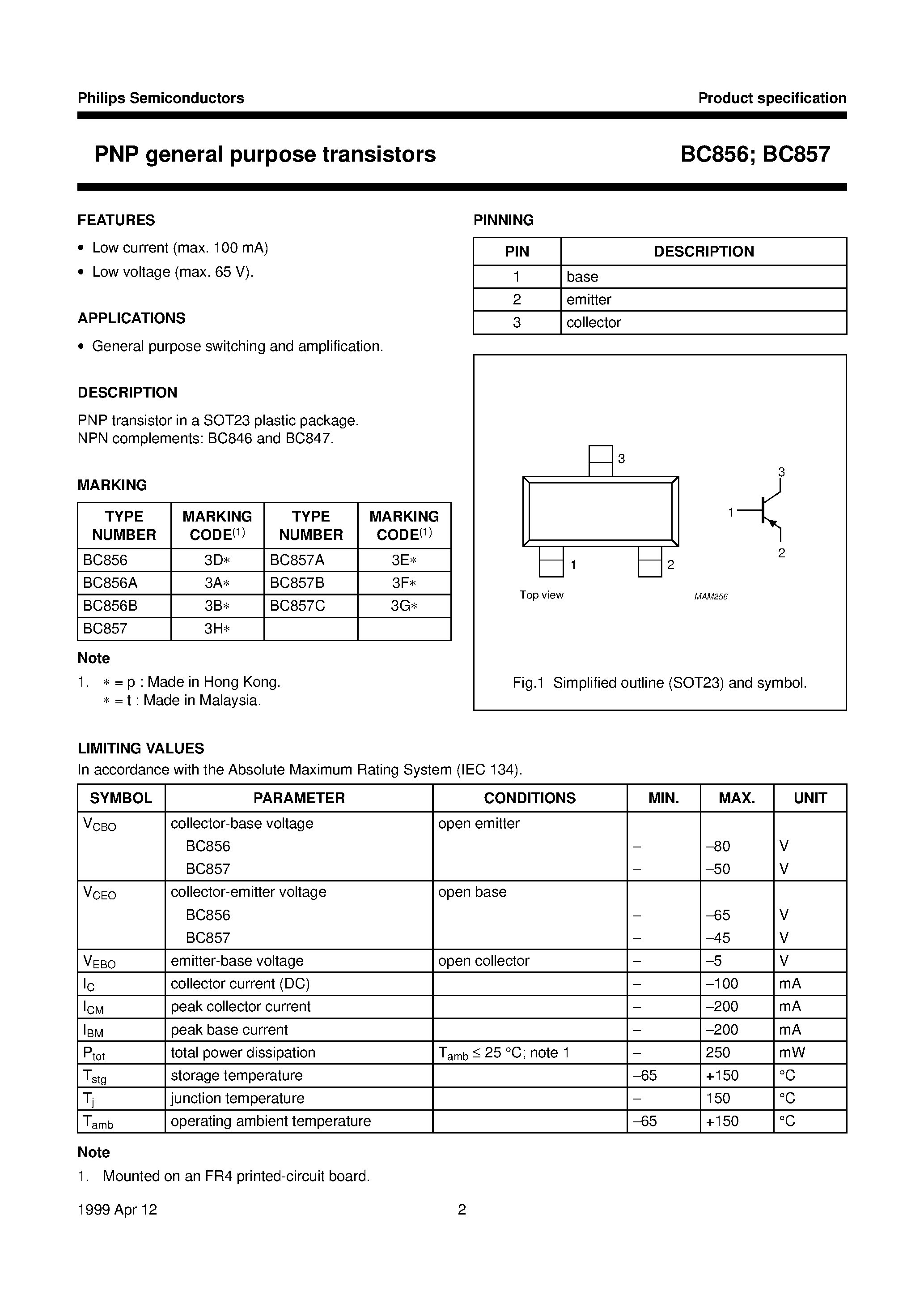 Даташит BC857 - PNP general purpose transistors страница 2