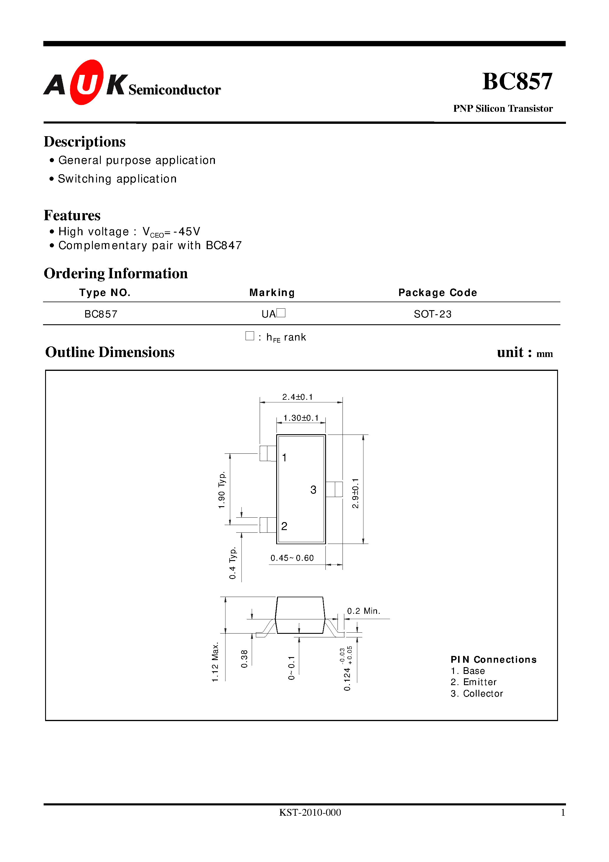 Даташит на микросхему BC857 страница 1 Даташит BC857 - PNP Silicon Transistor (General purpose application Switching application) страница 1